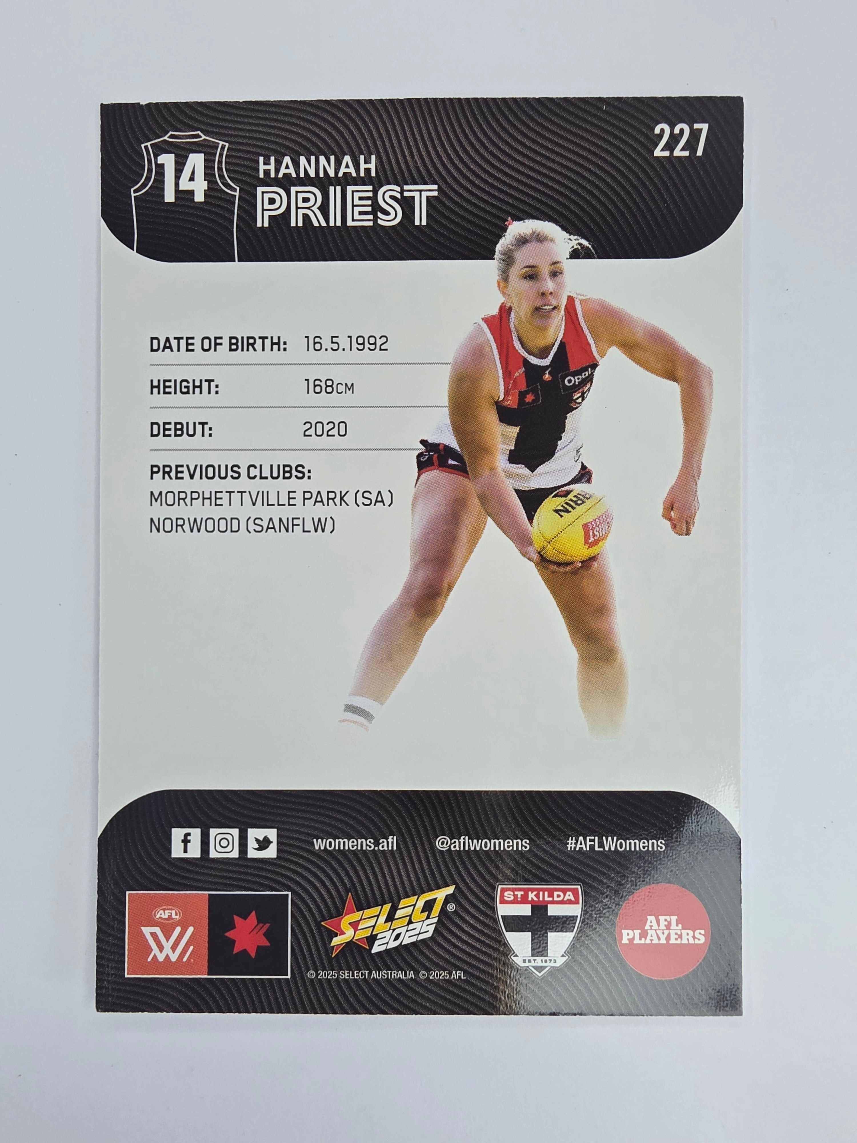 AFL 2025 Footy Stars Base Card #227 Hannah Priest St Kilda Saints AFLW