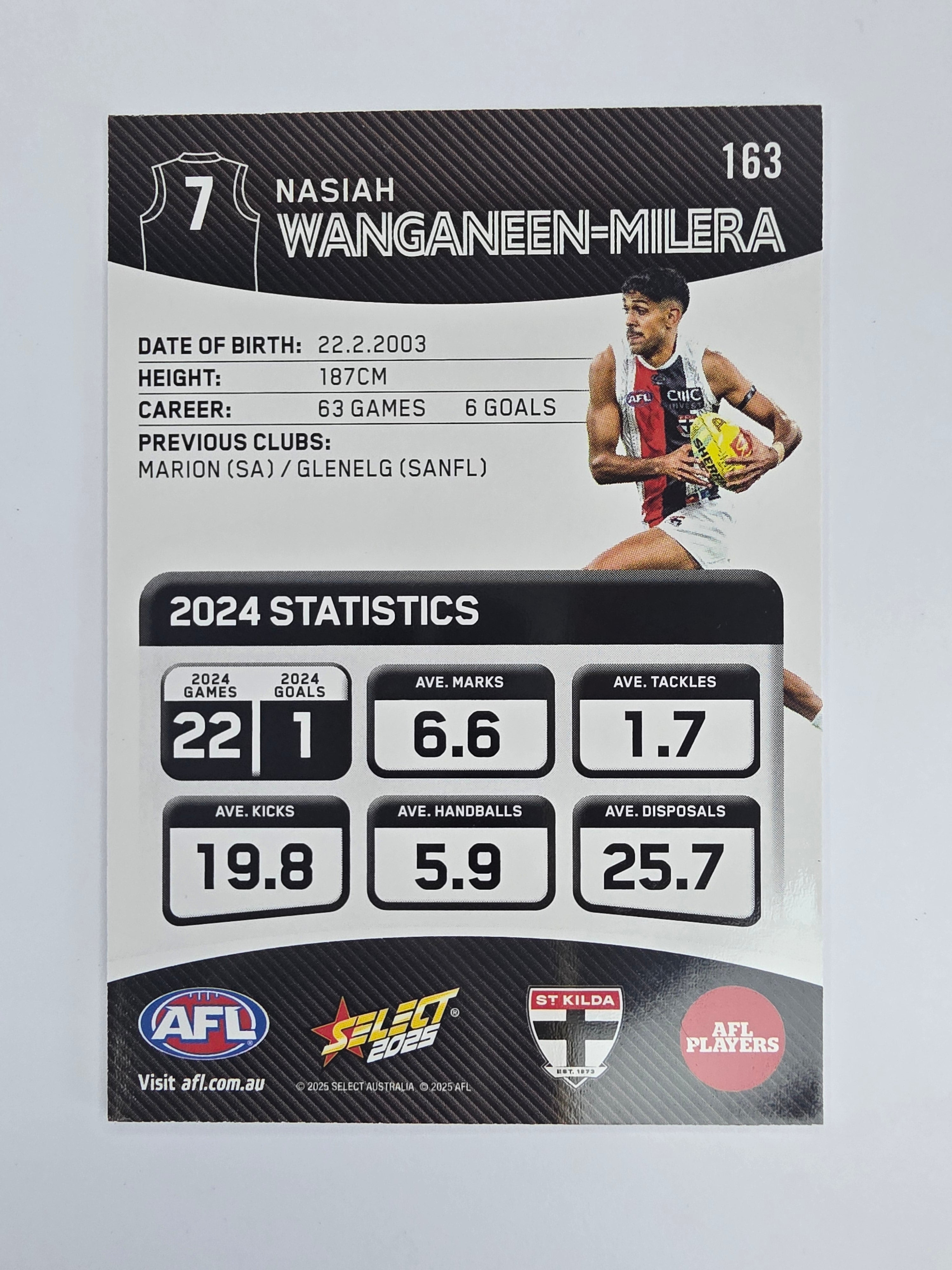 AFL 2025 Footy Stars Base Card #163 Nasiah Wanganeen-Milera St Kilda