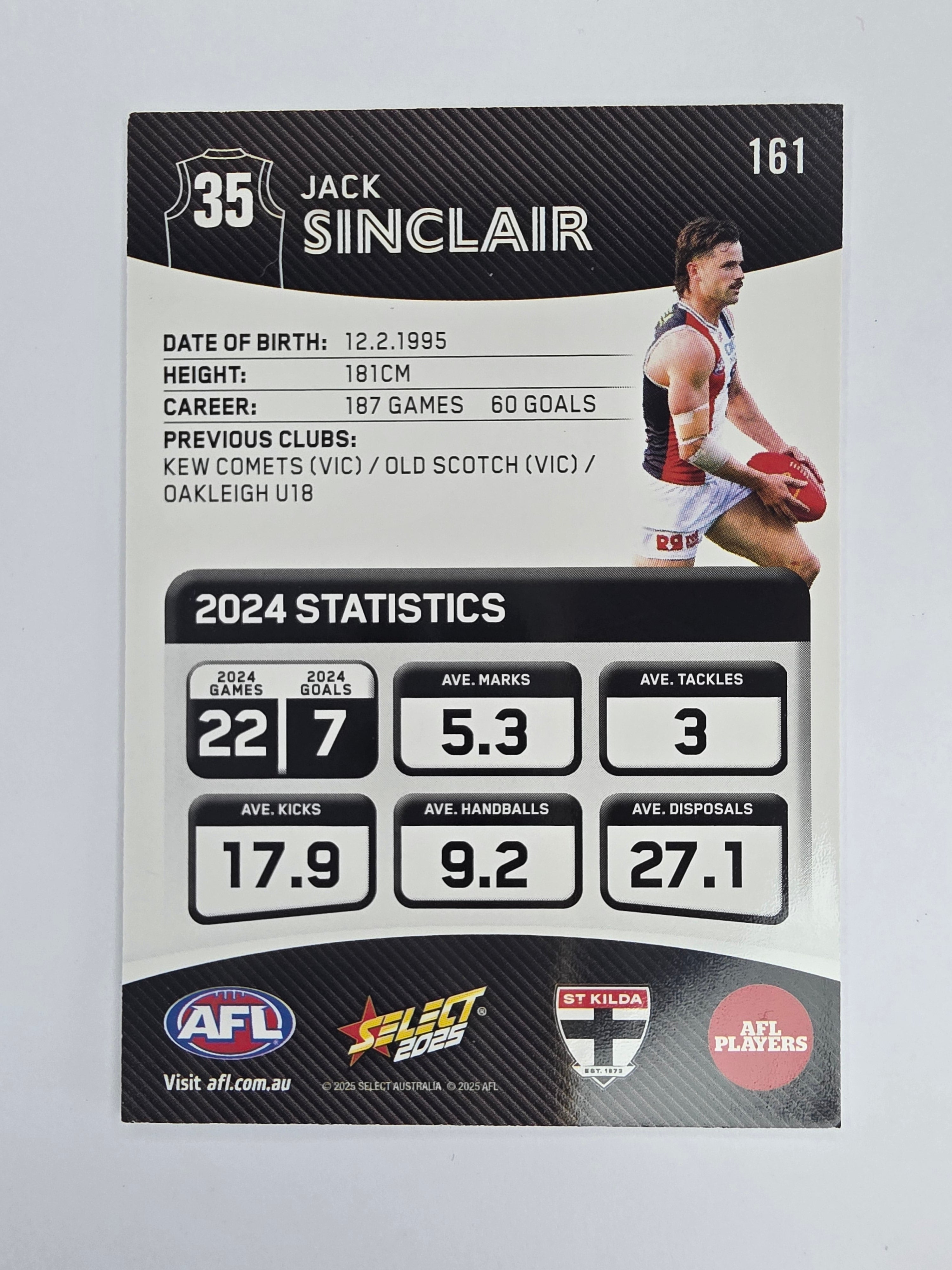 AFL 2025 Footy Stars Base Card #161 Jack Sinclair St Kilda