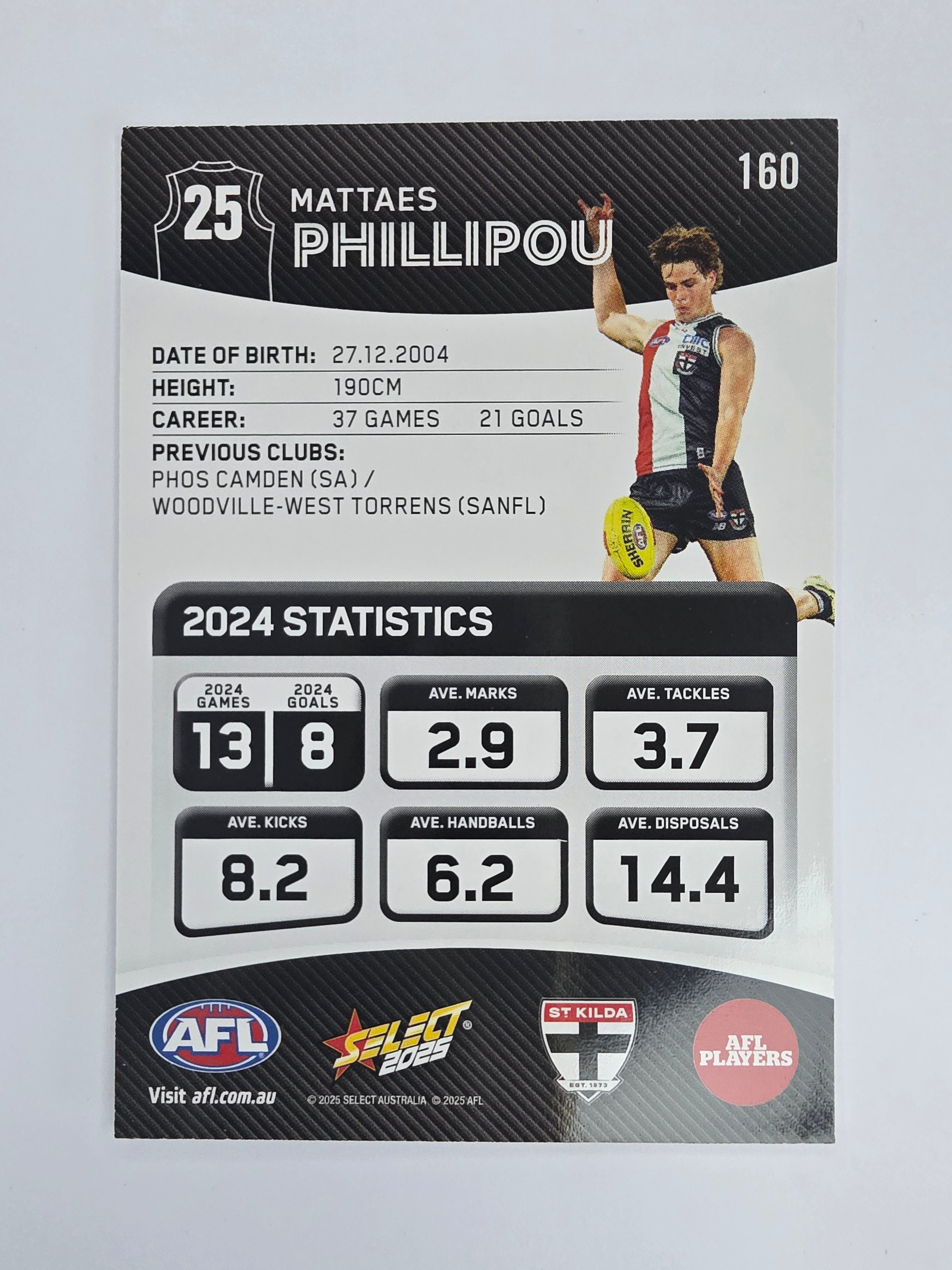 AFL 2025 Footy Stars Base Card #160 Mattaes Phillipou St Kilda