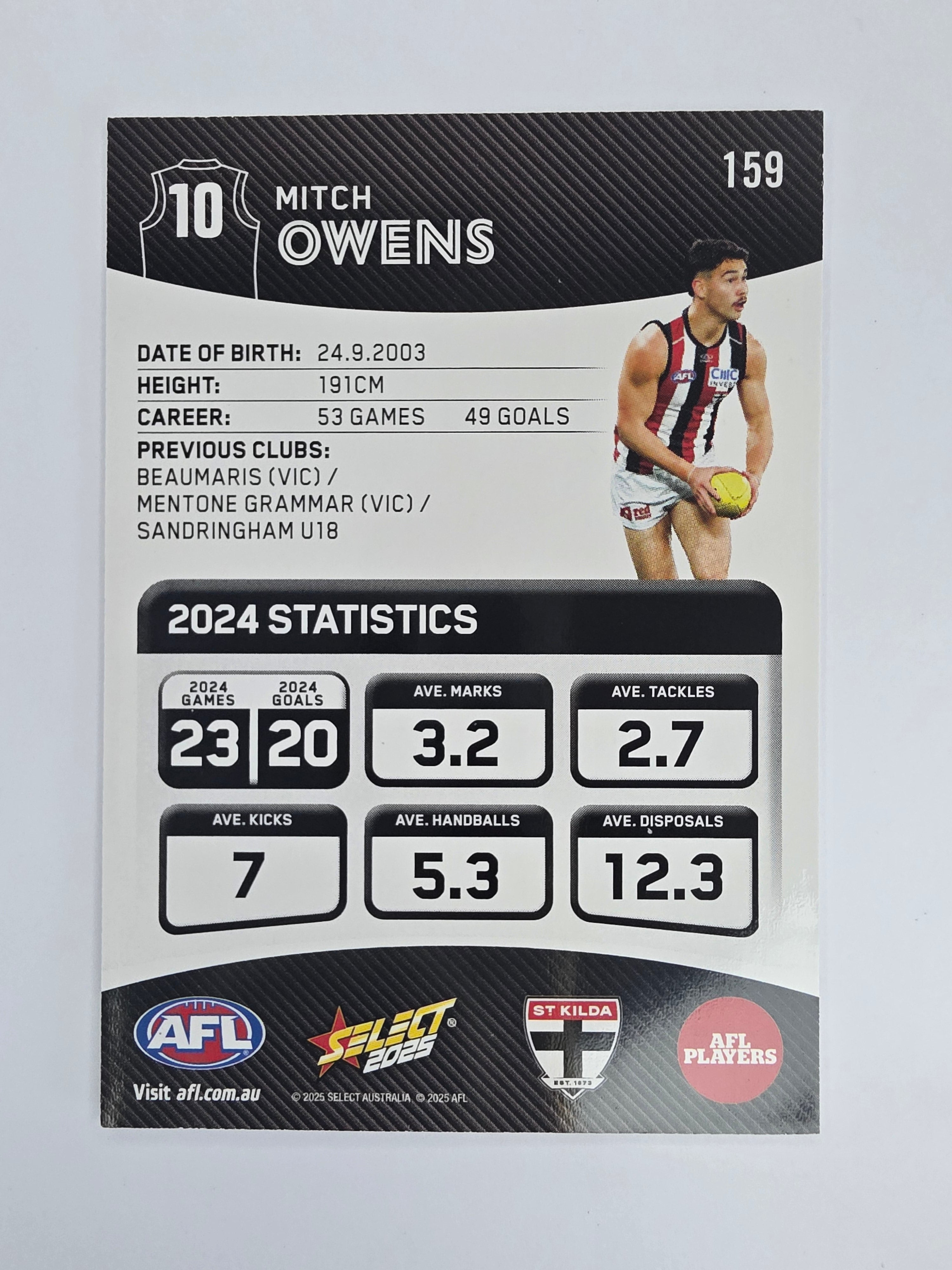 AFL 2025 Footy Stars Base Card #159 Mitch Owens St Kilda