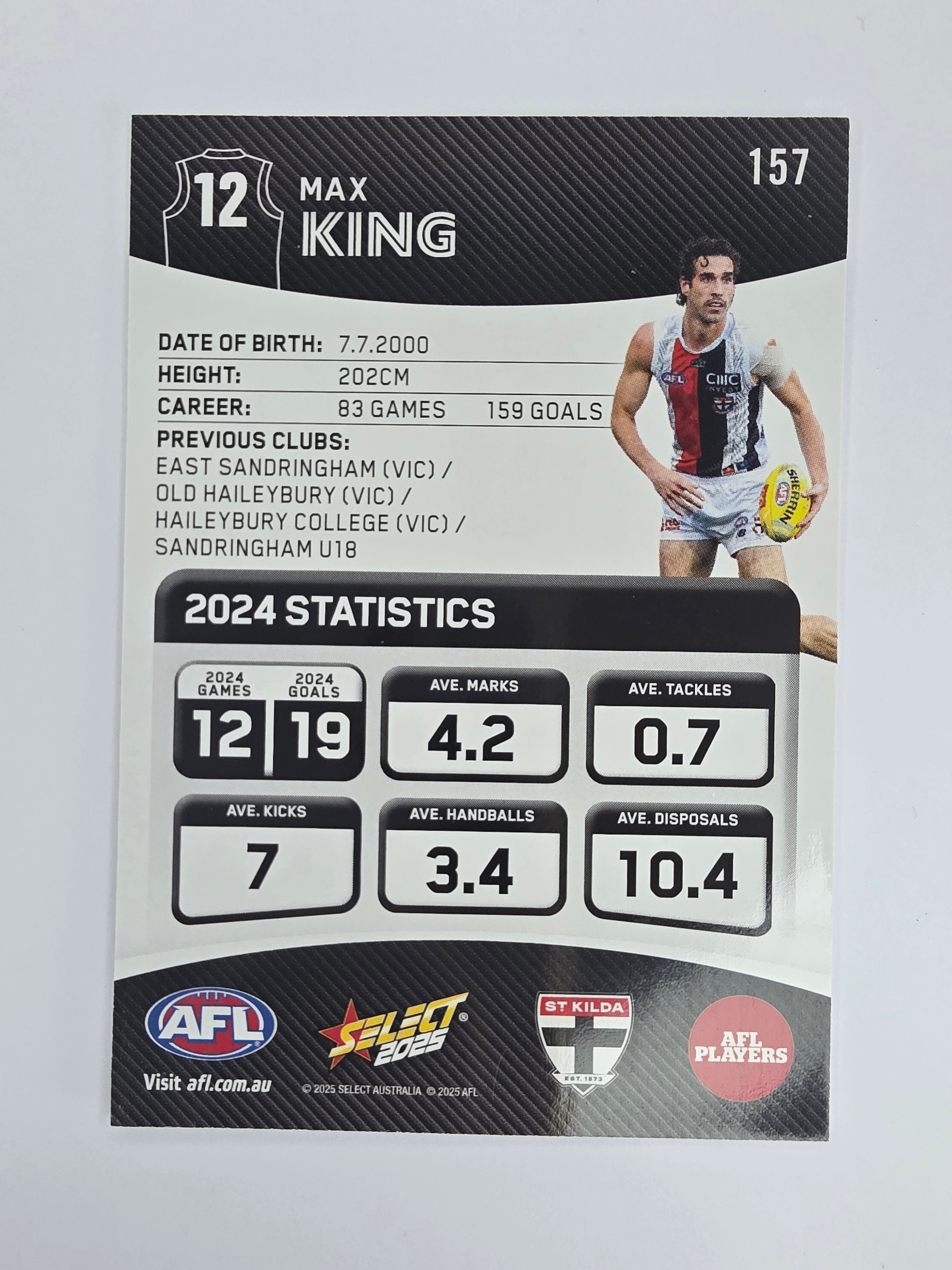 AFL 2025 Footy Stars Base Card #157 Max King St Kilda