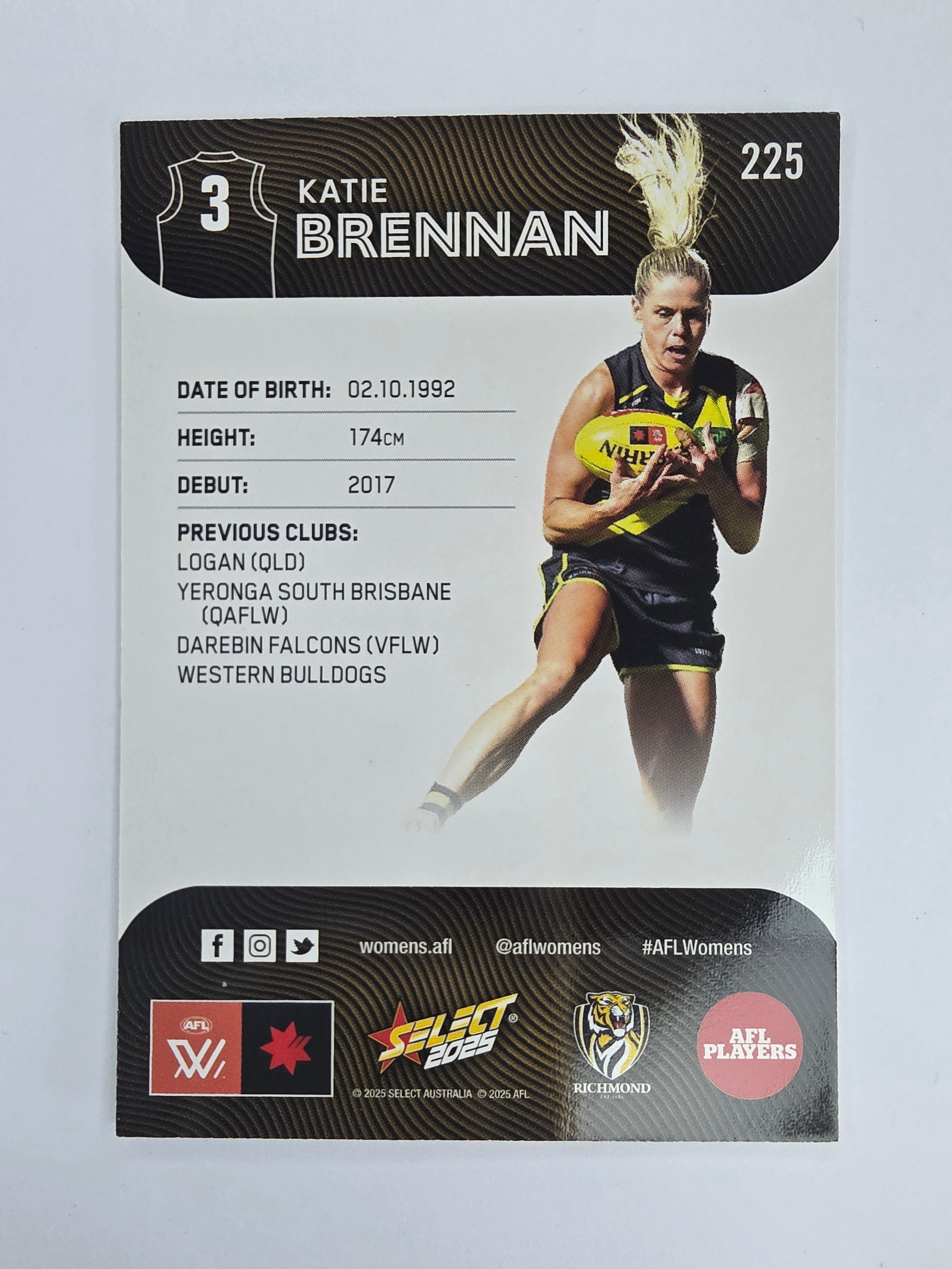 AFL 2025 Footy Stars Base Card #225 Katie Brennan Richmond Tigers AFLW