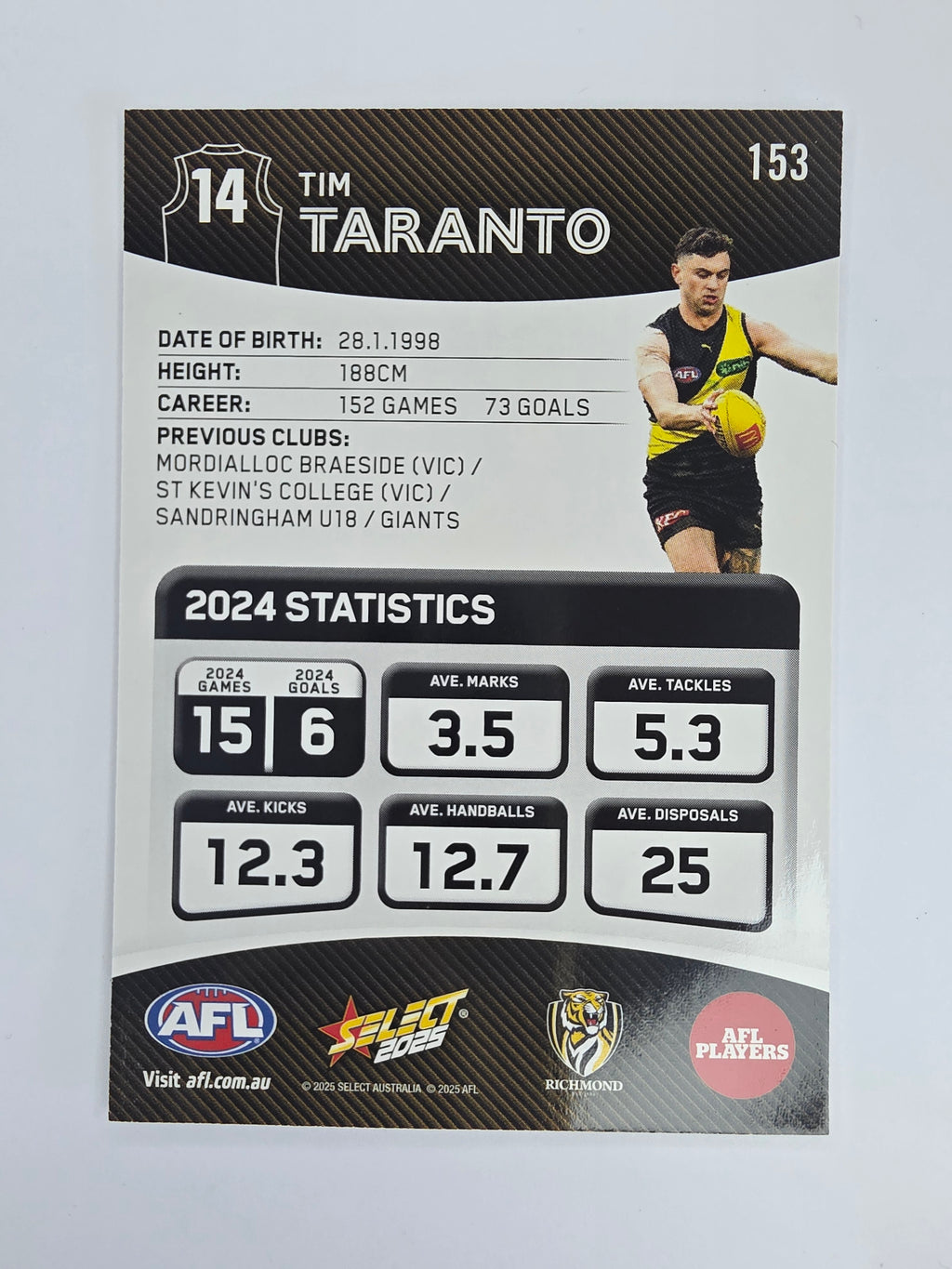 AFL 2025 Footy Stars Base Card #153 Tim Taranto Richmond