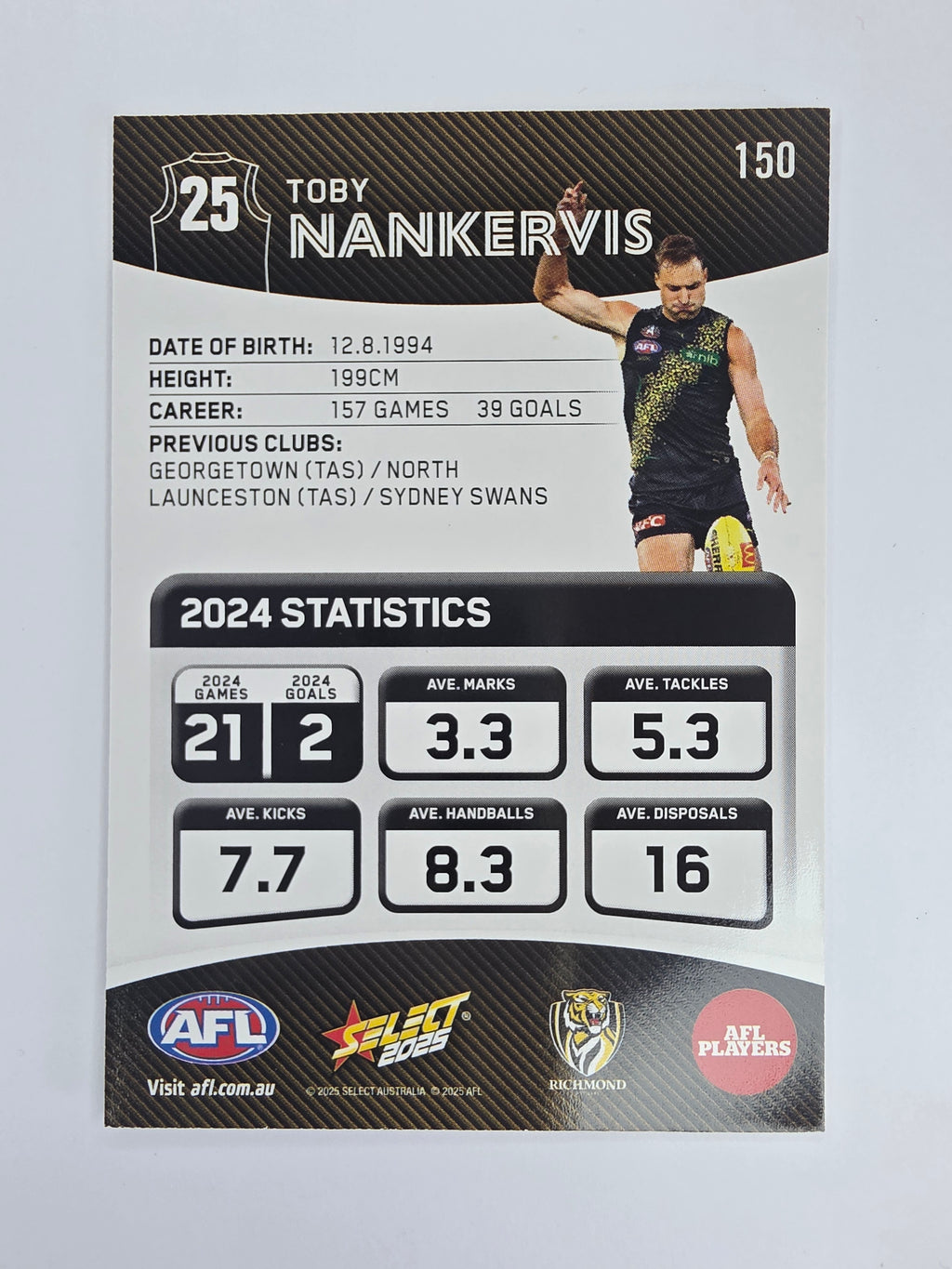 AFL 2025 Footy Stars Base Card #150 Toby Nankervis Richmond