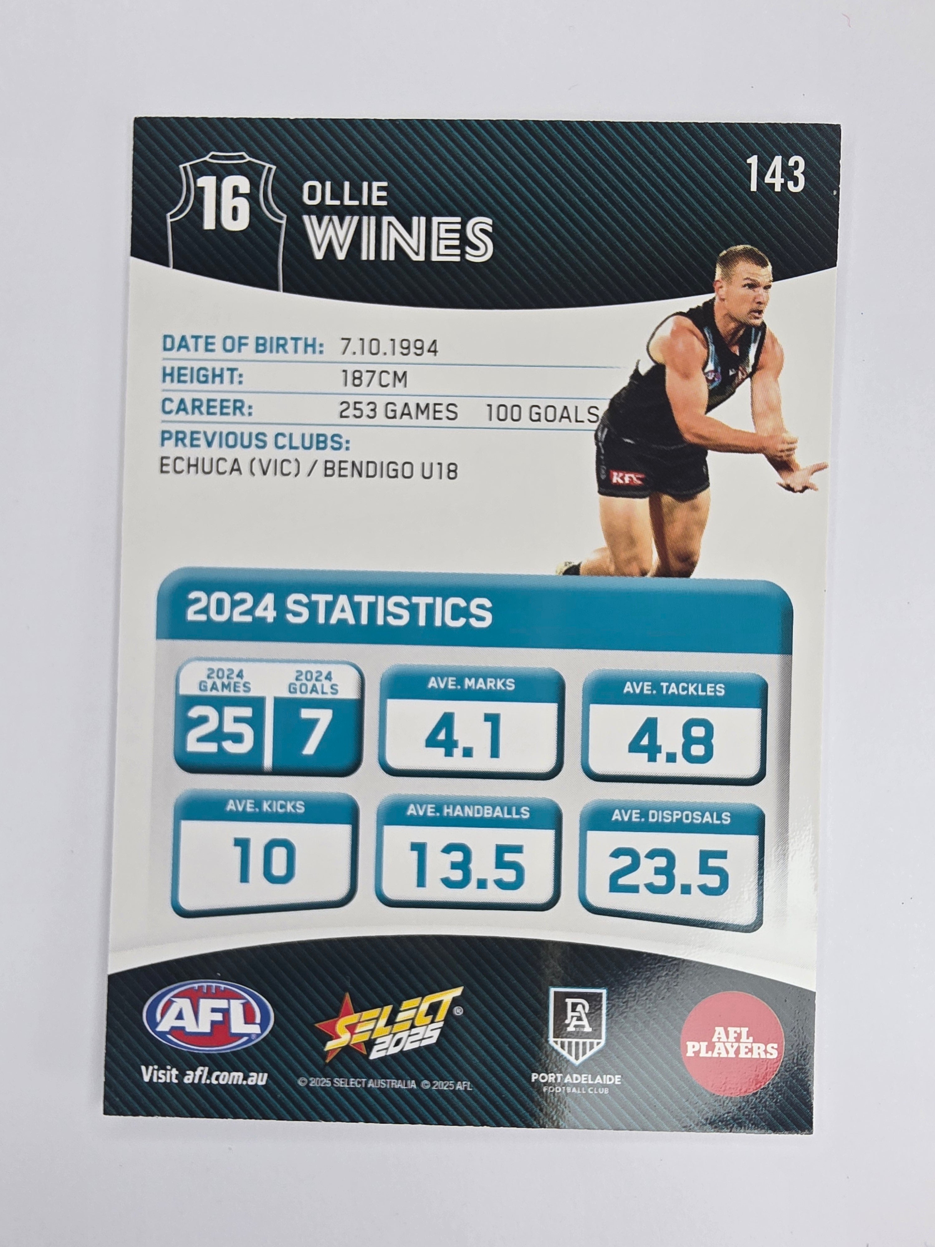AFL 2025 Footy Stars Base Card #143 Ollie Wines Port Adelaide