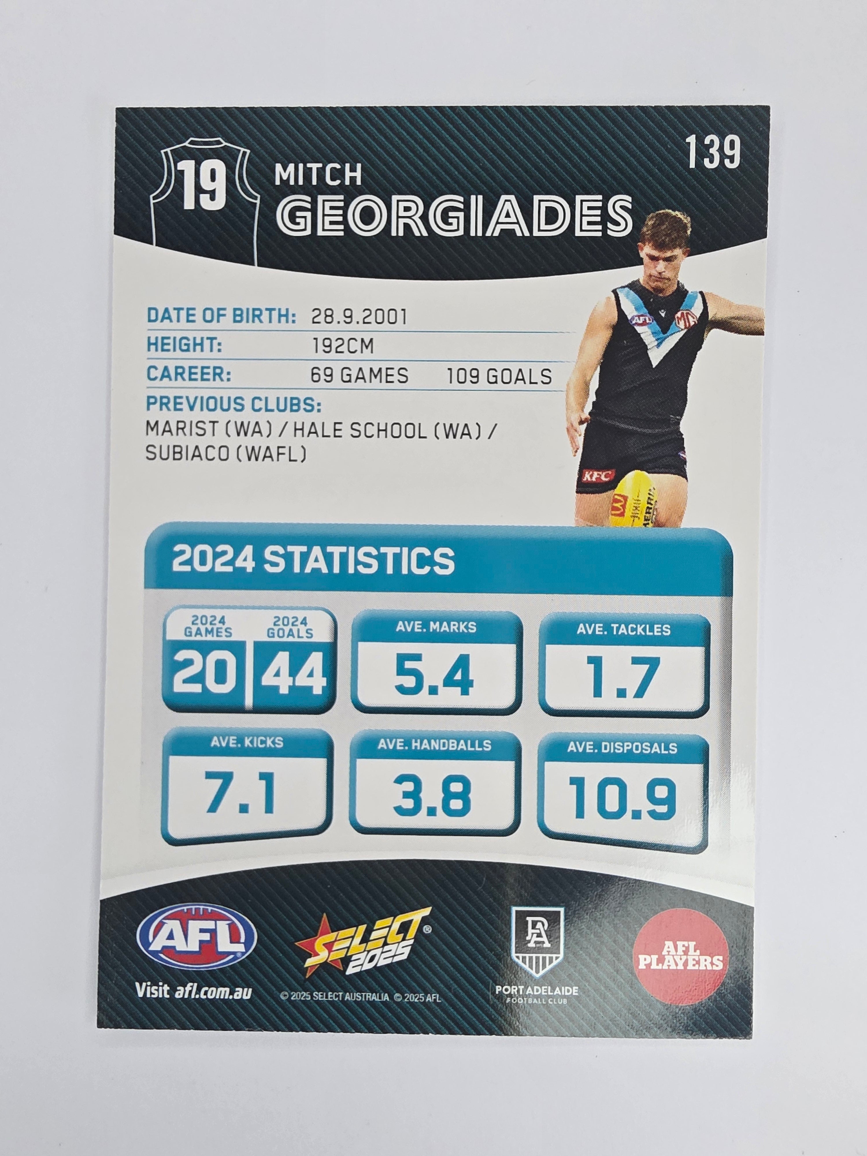AFL 2025 Footy Stars Base Card #139 Mitch Georgiades Port Adelaide