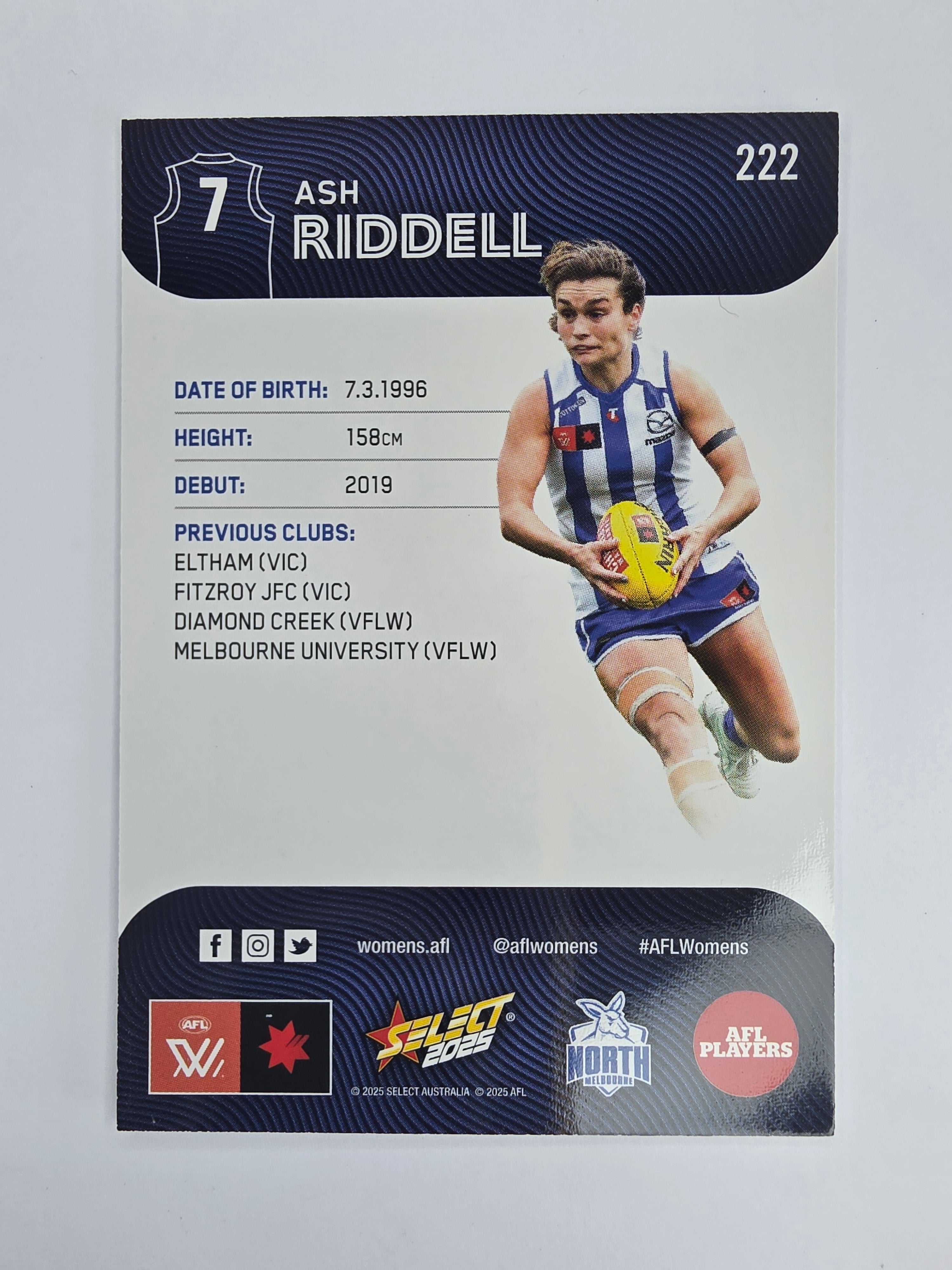 AFL 2025 Footy Stars Base Card #222 Ash Riddell North Melbourne Kangaroos AFLW