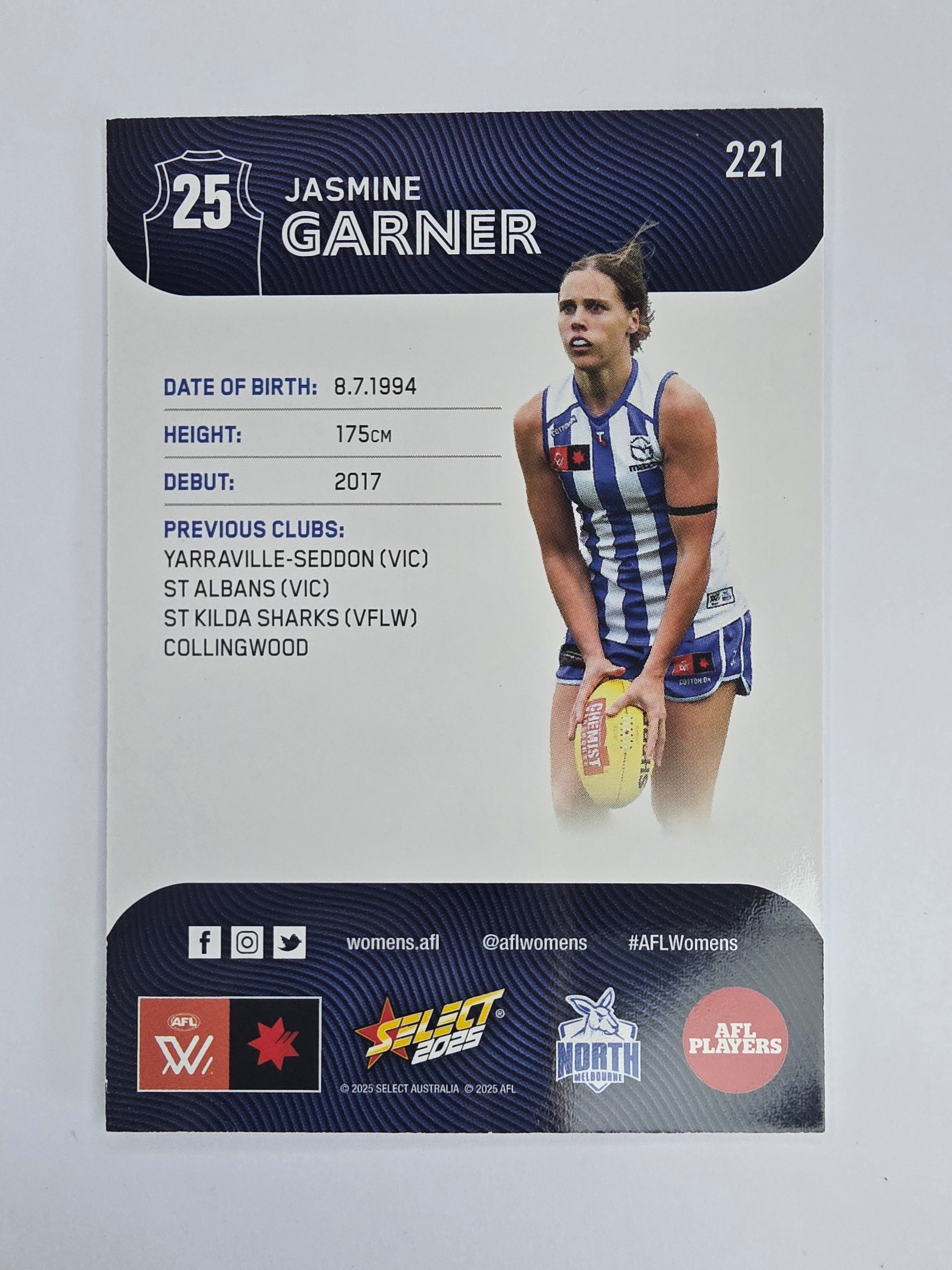 AFL 2025 Footy Stars Base Card #221 Jasmine Garner North Melbourne Kangaroos AFLW