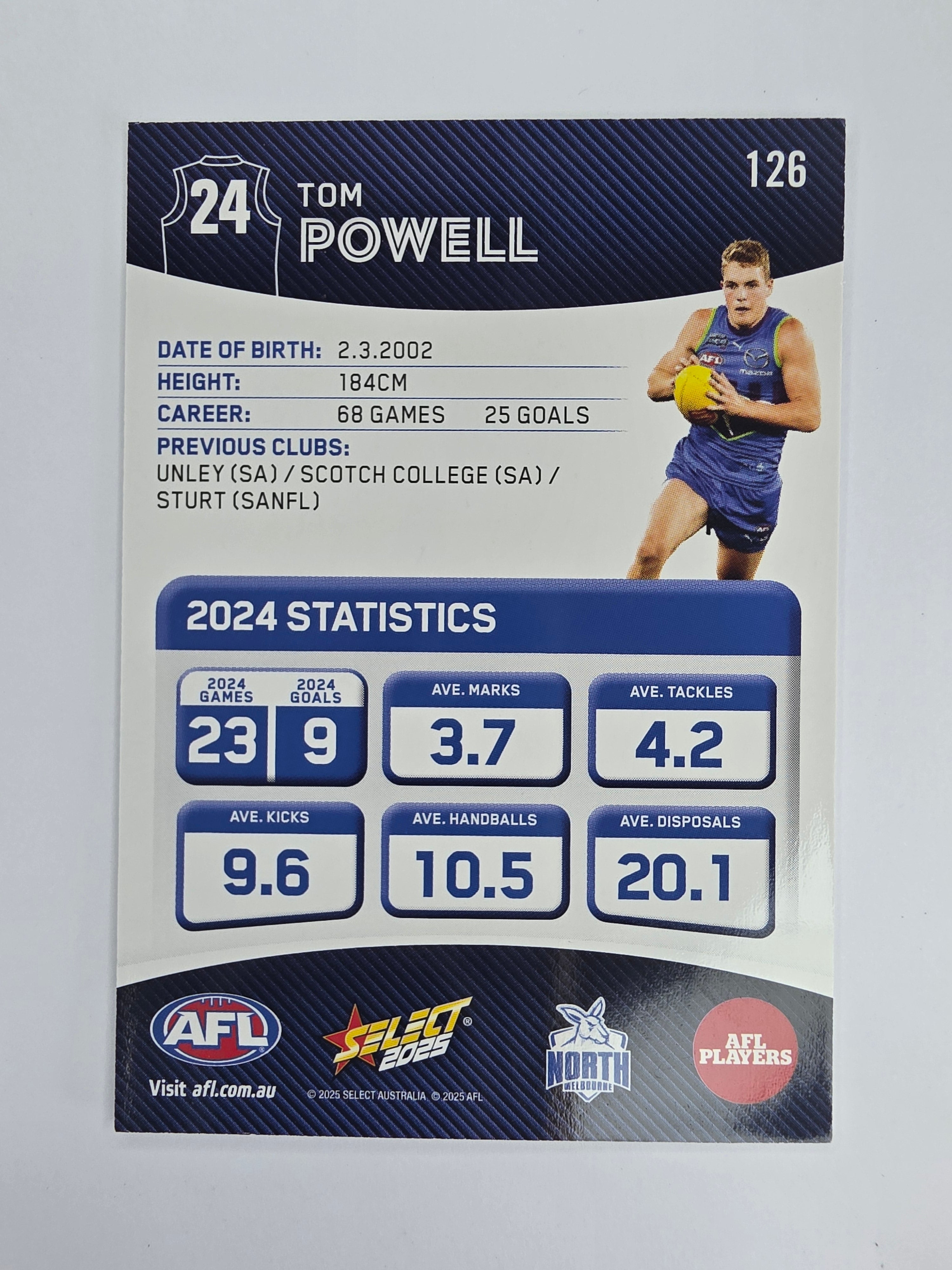 AFL 2025 Footy Stars Base Card #126 Tom Powell North Melbourne