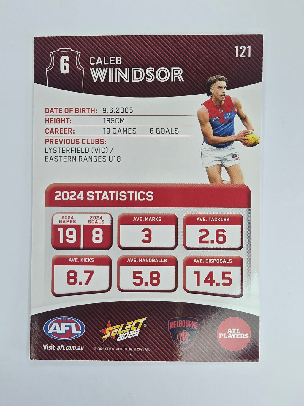 AFL 2025 Footy Stars Base Card #121 Caleb Windsor Melbourne