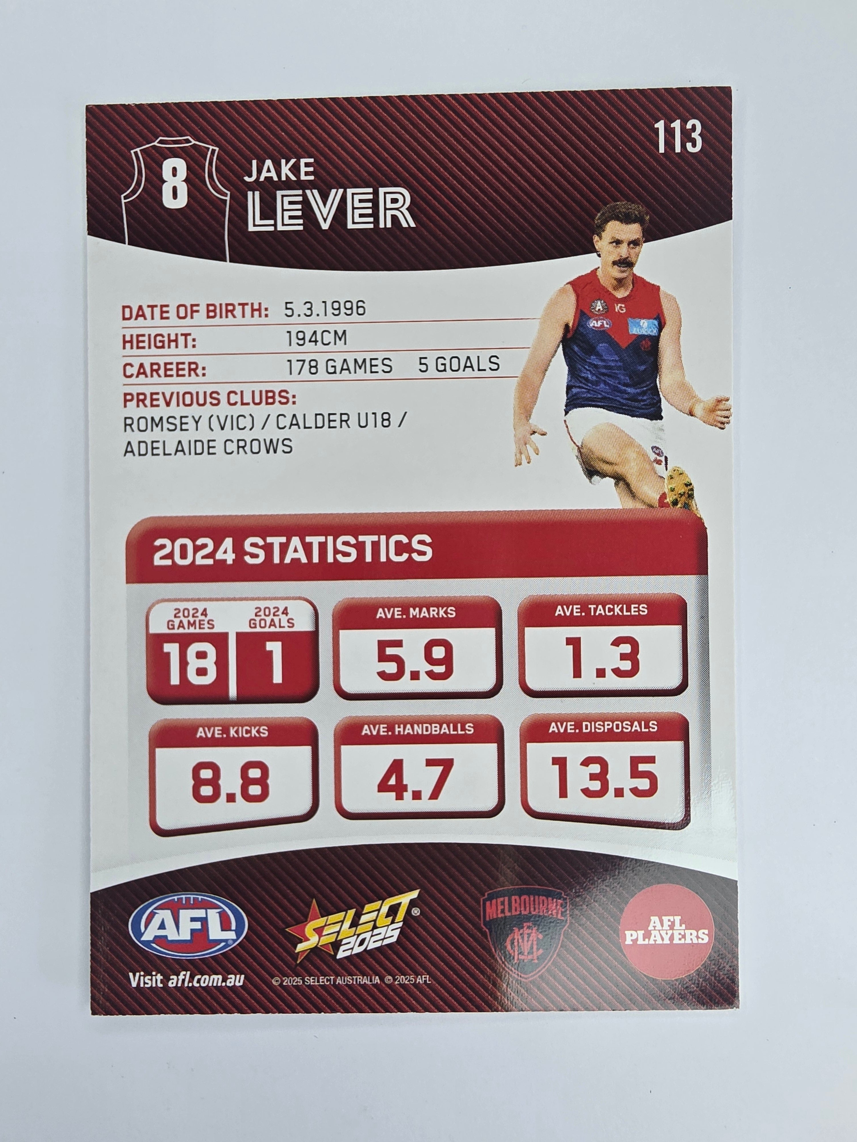 AFL 2025 Footy Stars Base Card #113 Jake Lever Melbourne