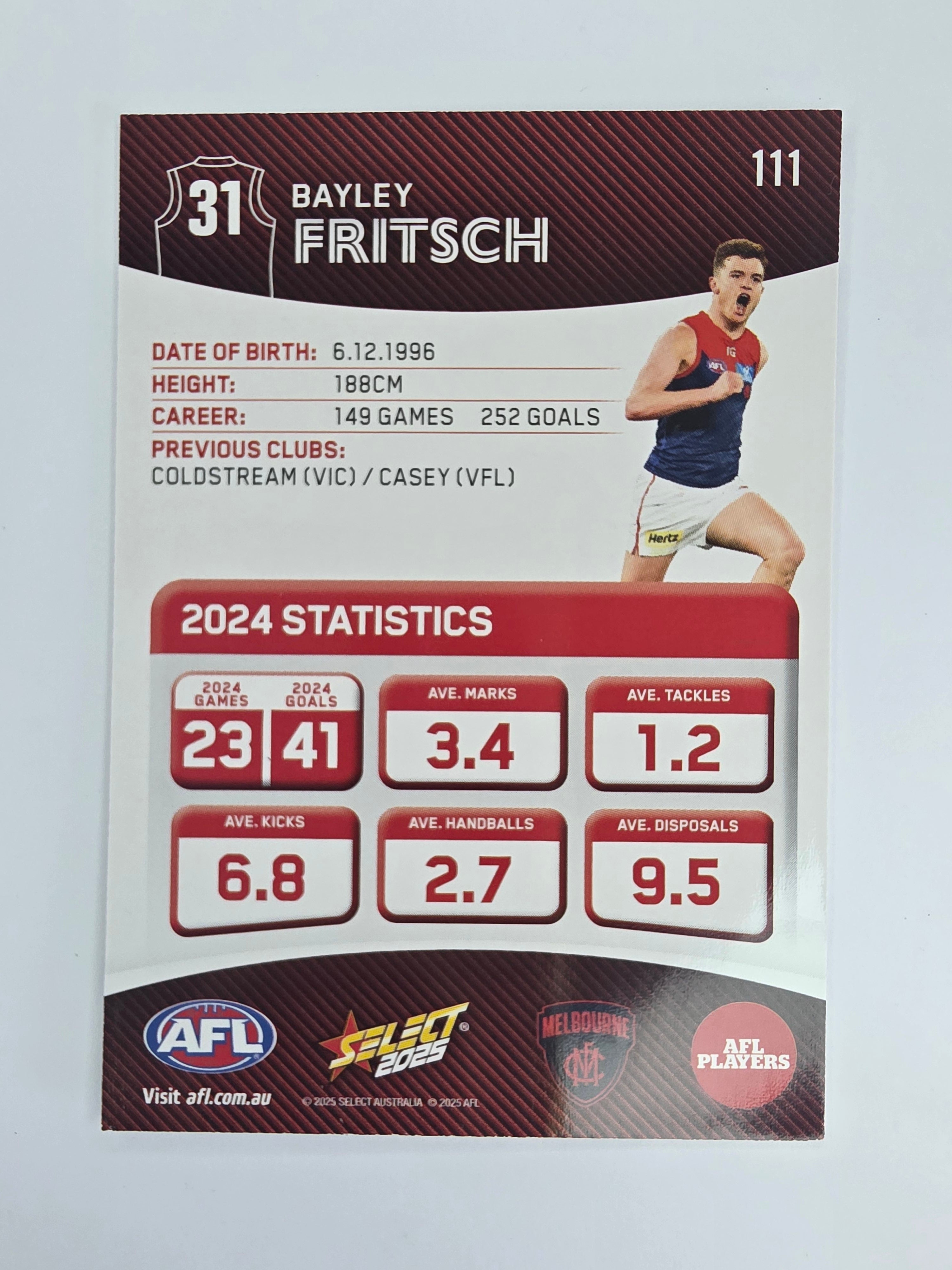 AFL 2025 Footy Stars Base Card #111 Bayley Fritsch Melbourne
