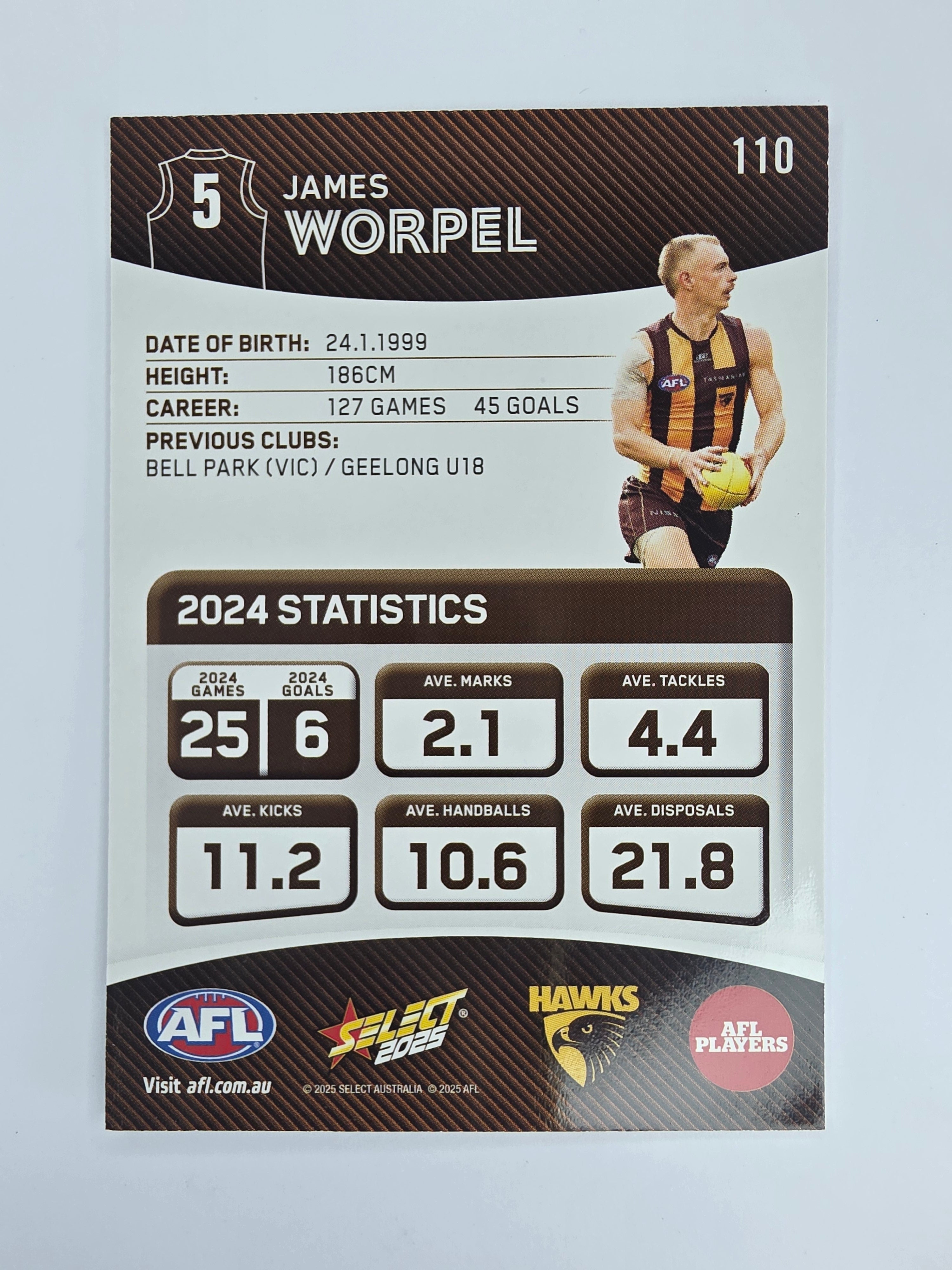 AFL 2025 Footy Stars Base Card #110 James Worpel Hawthorn