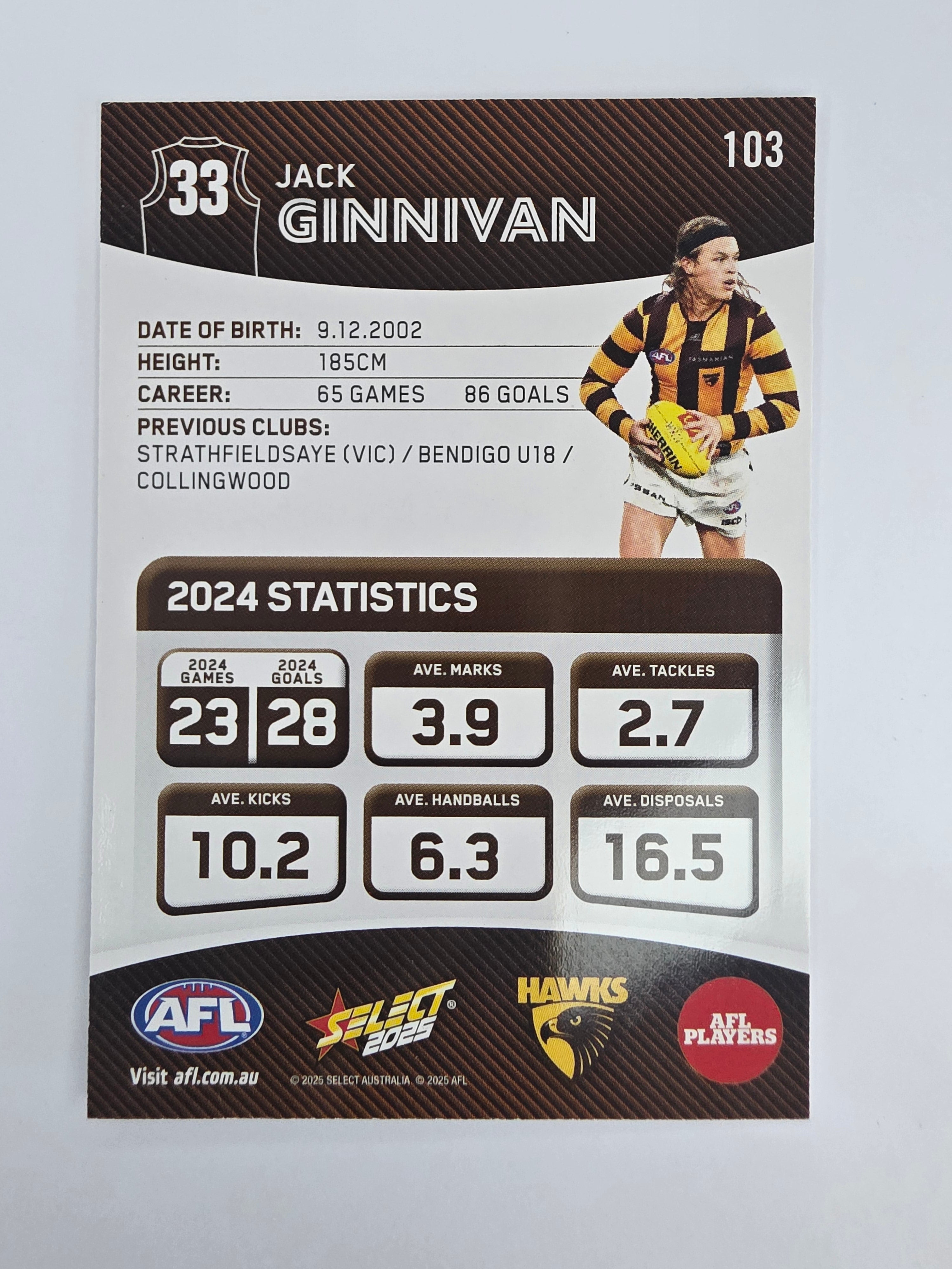 AFL 2025 Footy Stars Base Card #103 Jack Ginnivan Hawthorn