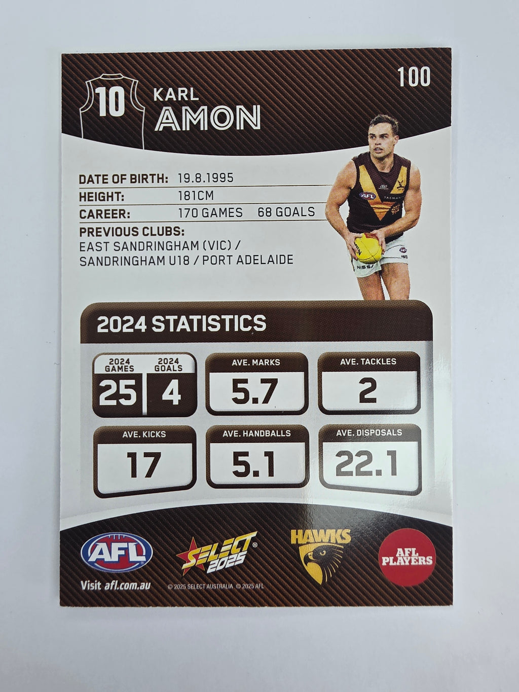 AFL 2025 Footy Stars Base Card #100 Karl Amon Hawthorn