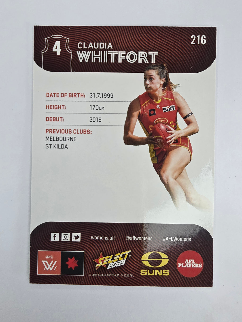 AFL 2025 Footy Stars Base Card #216 Claudia Whitfort Gold Coast Suns AFLW
