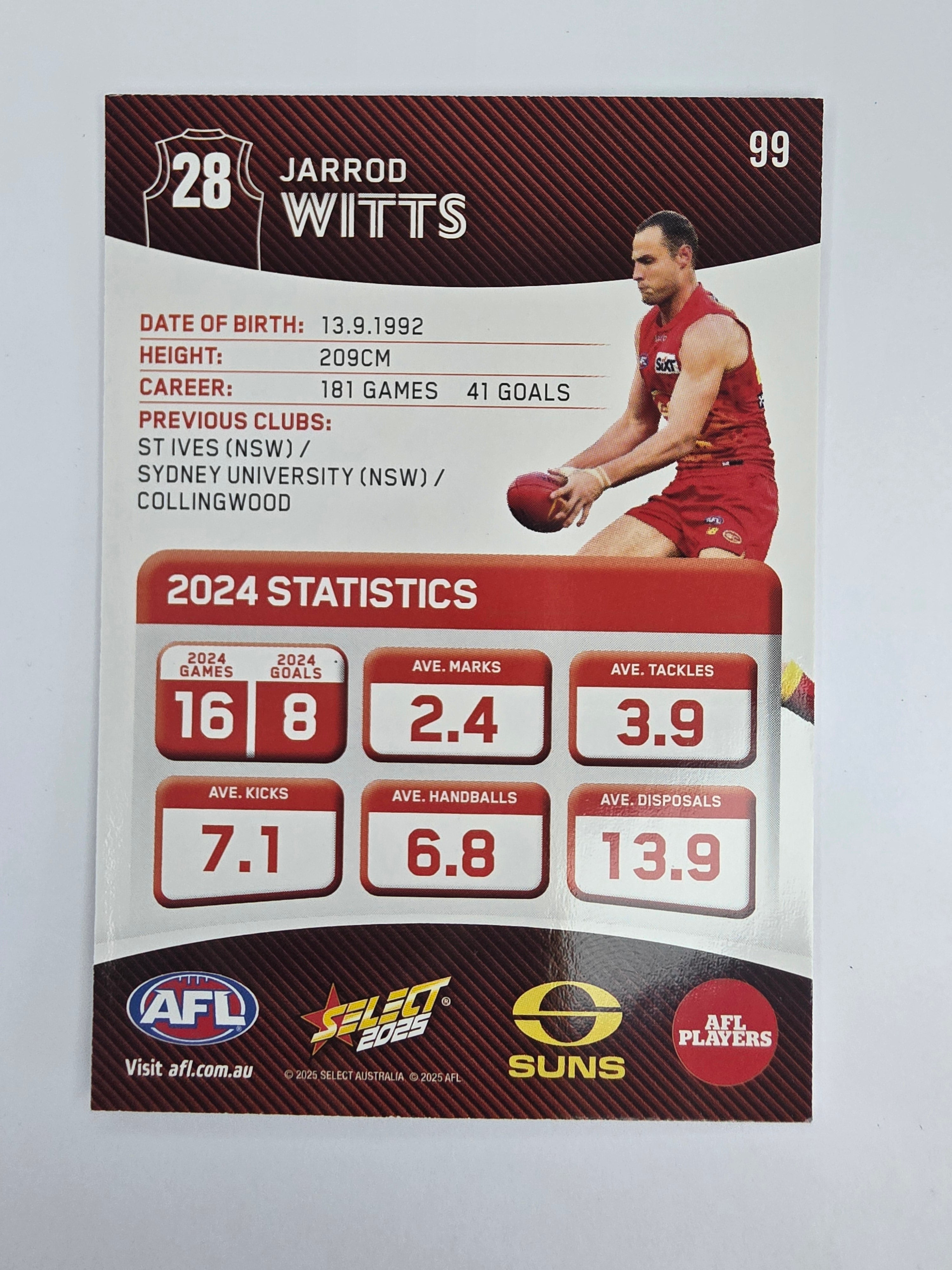 AFL 2025 Footy Stars Base Card #099 Jarrod Witts Gold Coast Suns