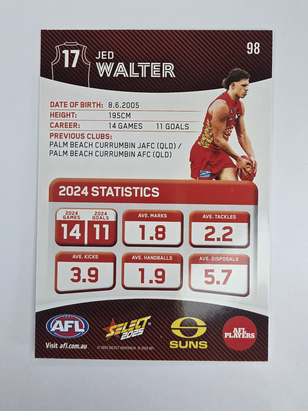AFL 2025 Footy Stars Base Card #098 Jed Walter Gold Coast Suns