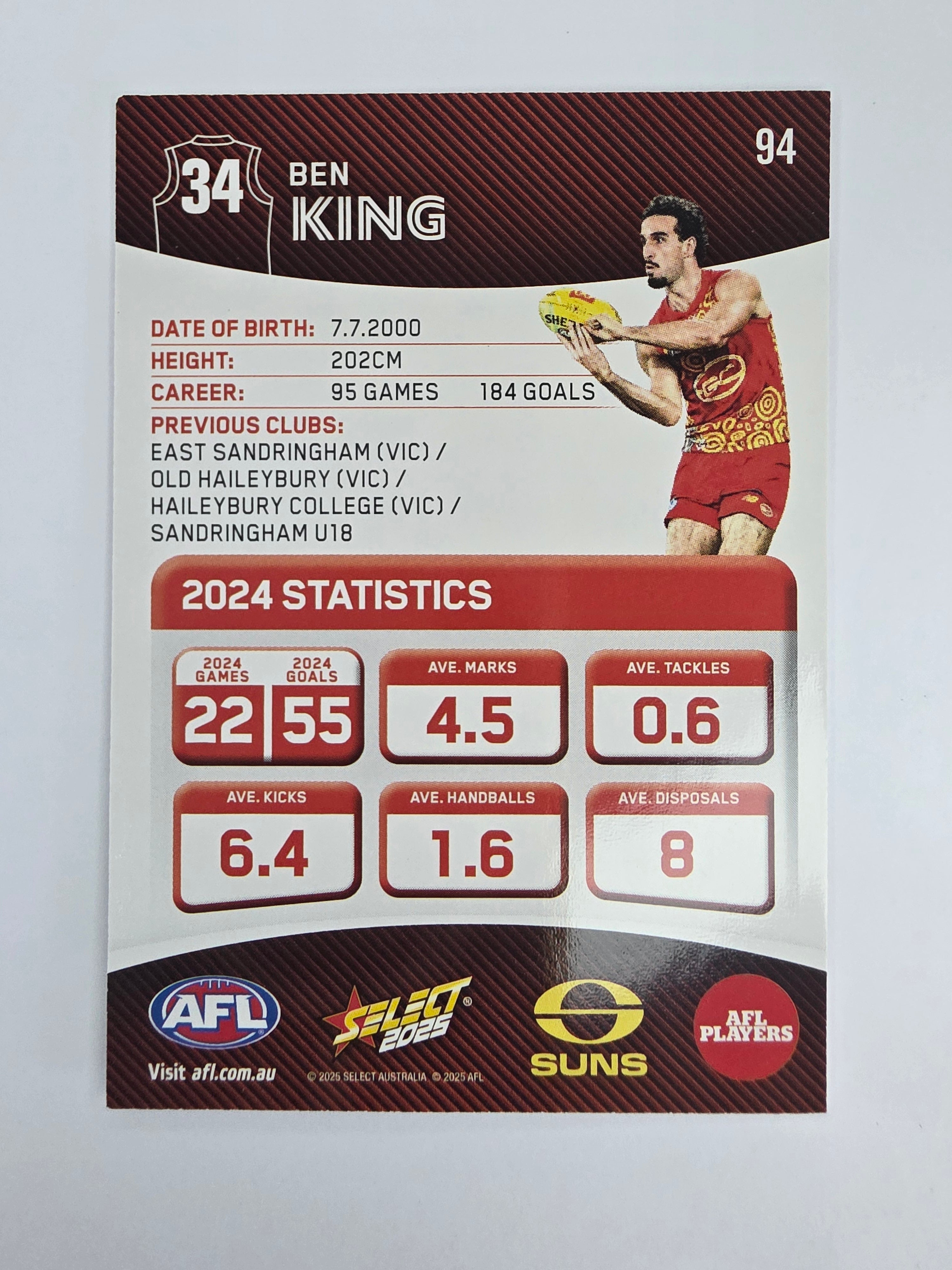 AFL 2025 Footy Stars Base Card #094 Ben King Gold Coast Suns