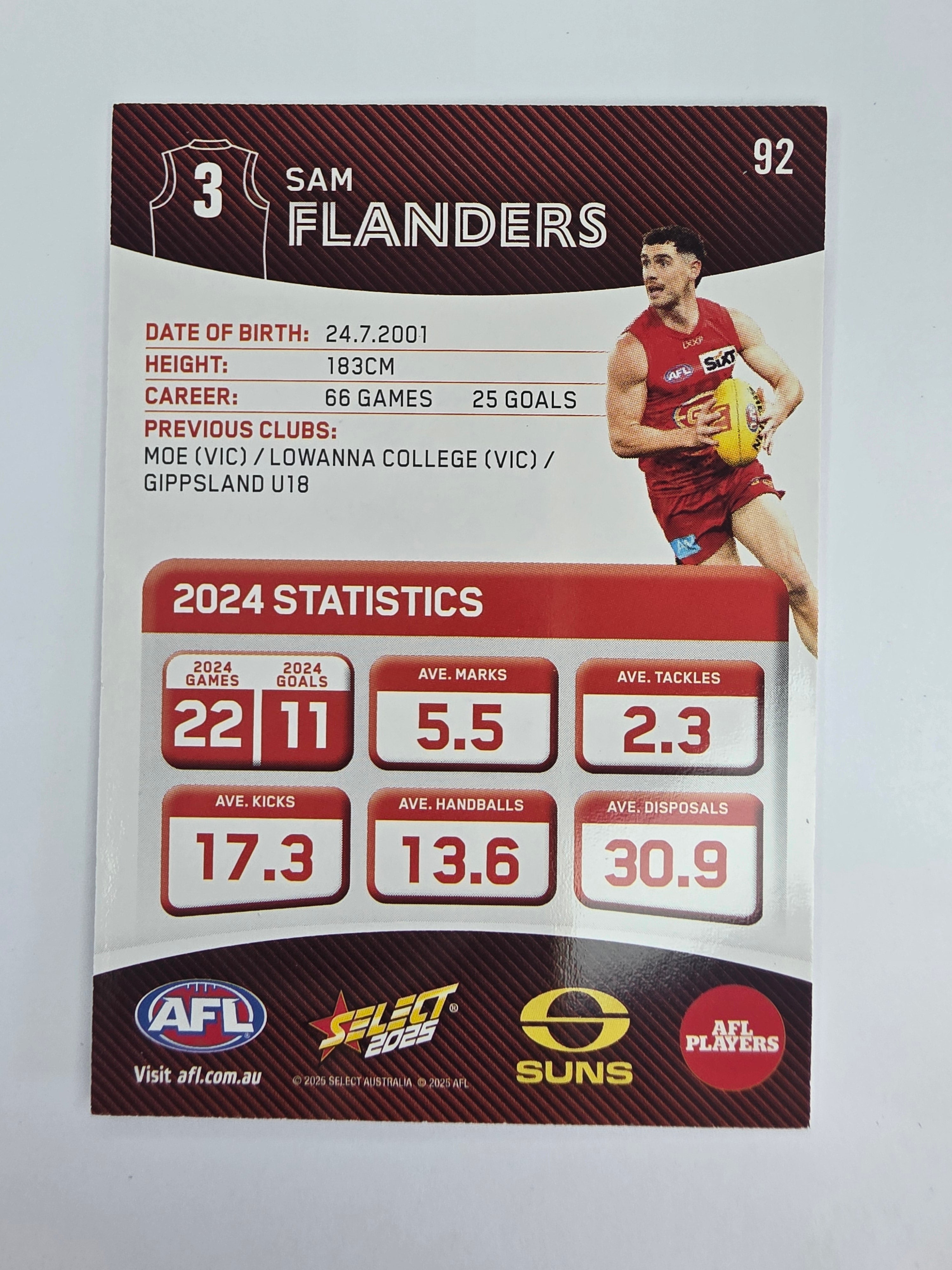 AFL 2025 Footy Stars Base Card #092 Sam Flanders Gold Coast Suns