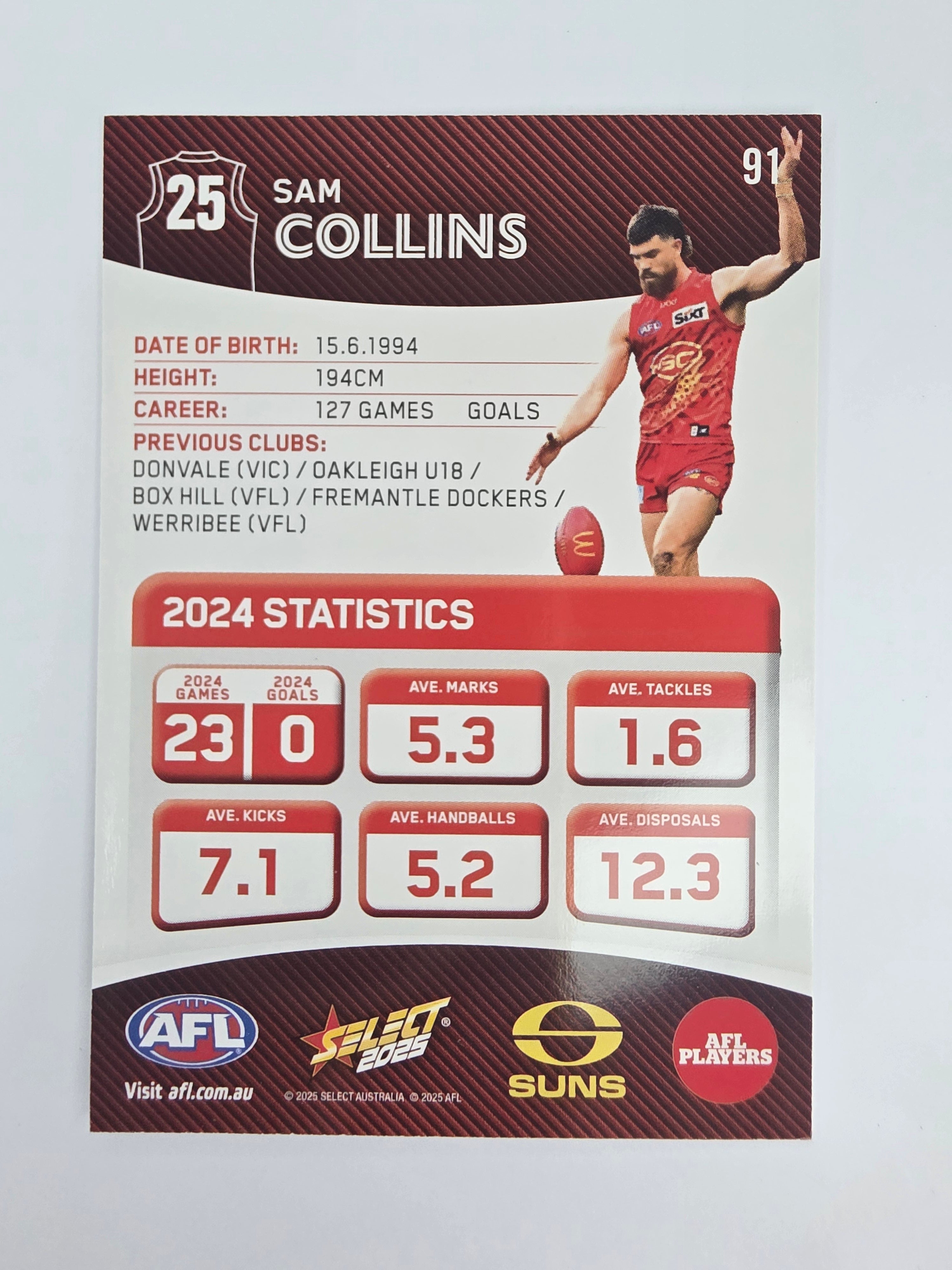 AFL 2025 Footy Stars Base Card #091 Sam Collins Gold Coast Suns