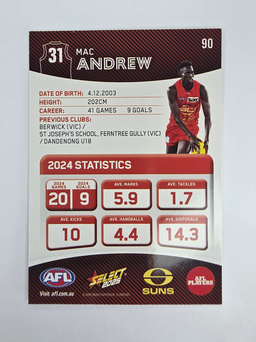 AFL 2025 Footy Stars Base Card #090 Mac Andrew Gold Coast Suns