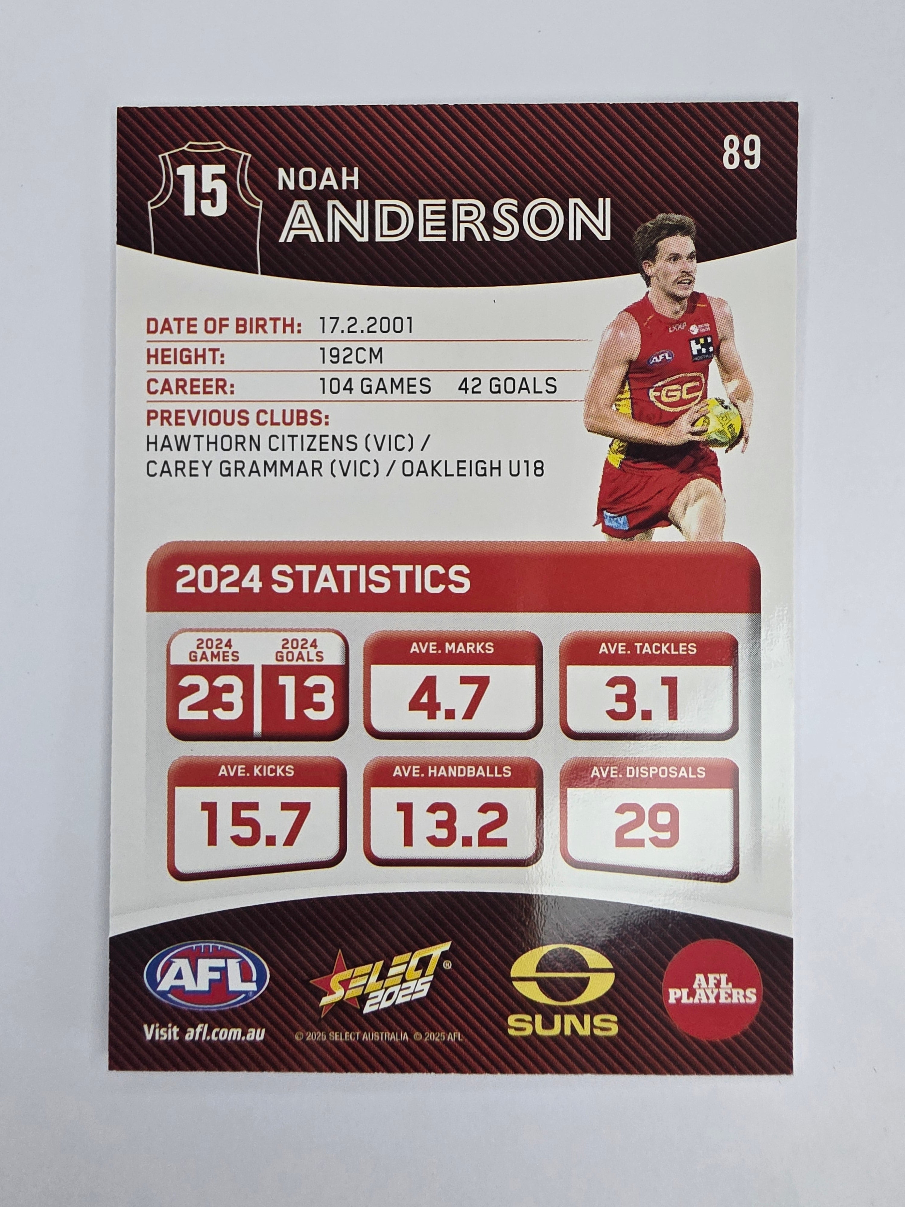 AFL 2025 Footy Stars Base Card #089 Noah Anderson Gold Coast Suns