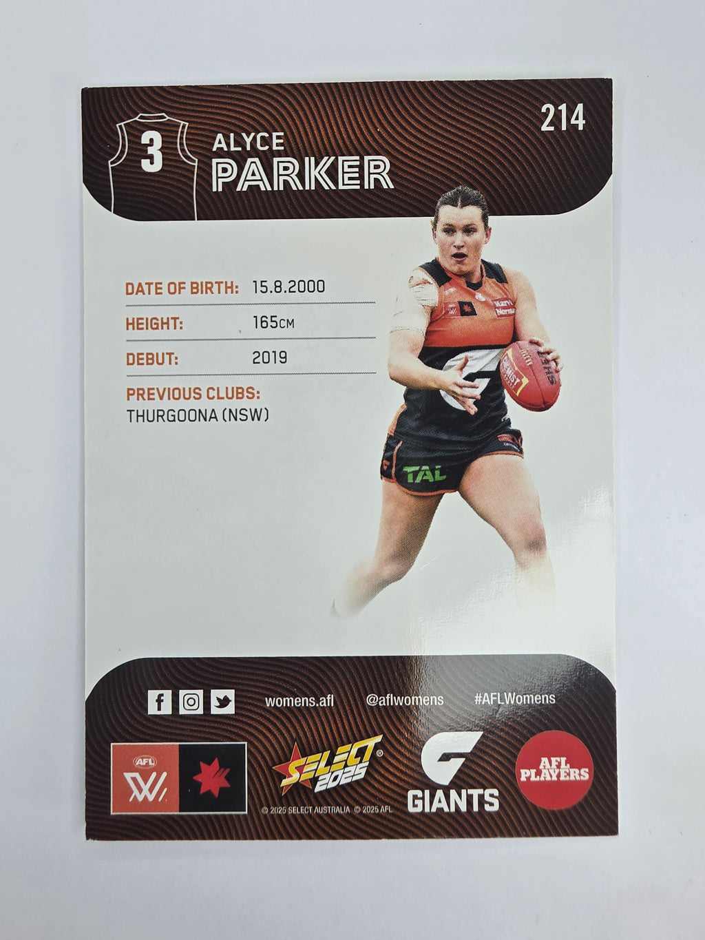 AFL 2025 Footy Stars Base Card #214 Alyce Parker GWS Giants AFLW