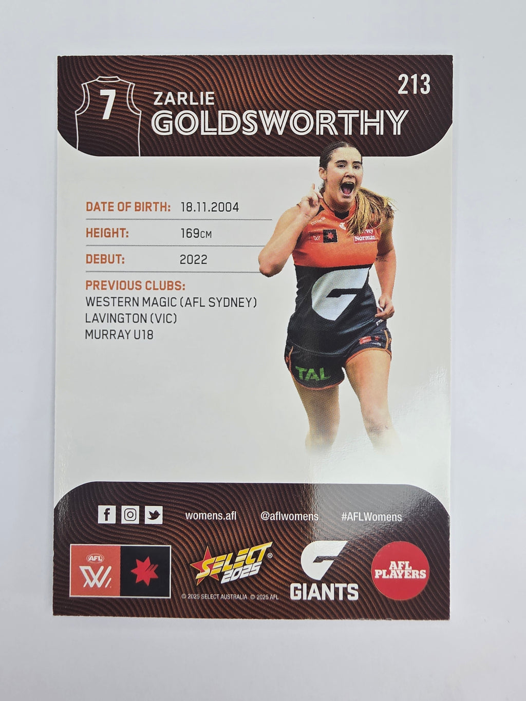 AFL 2025 Footy Stars Base Card #213 Zarlie Goldsworthy GWS Giants AFLW