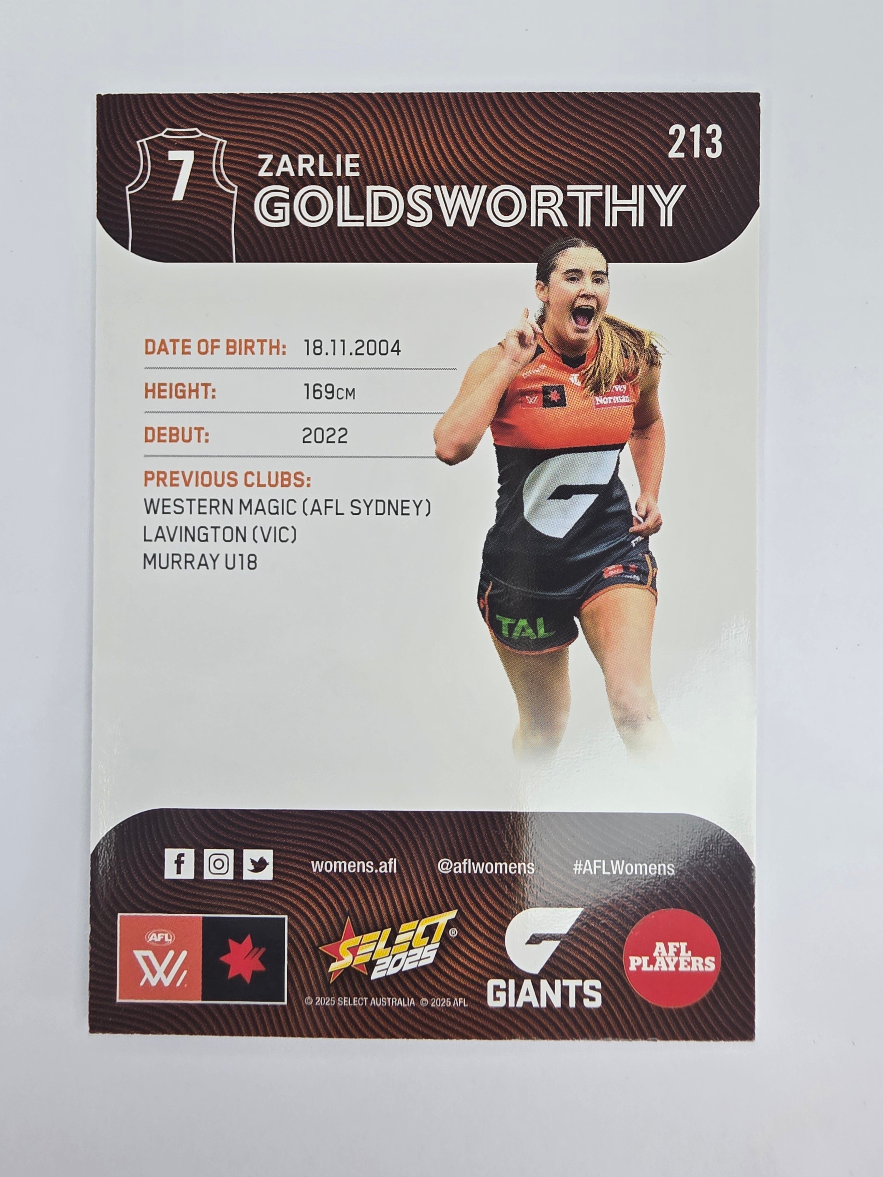 AFL 2025 Footy Stars Base Card #213 Zarlie Goldsworthy GWS Giants AFLW