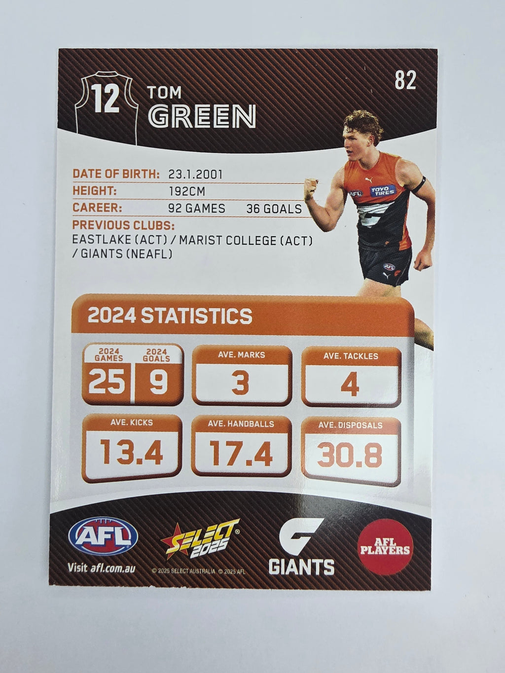 AFL 2025 Footy Stars Base Card #082 Tom Green GWS Giants