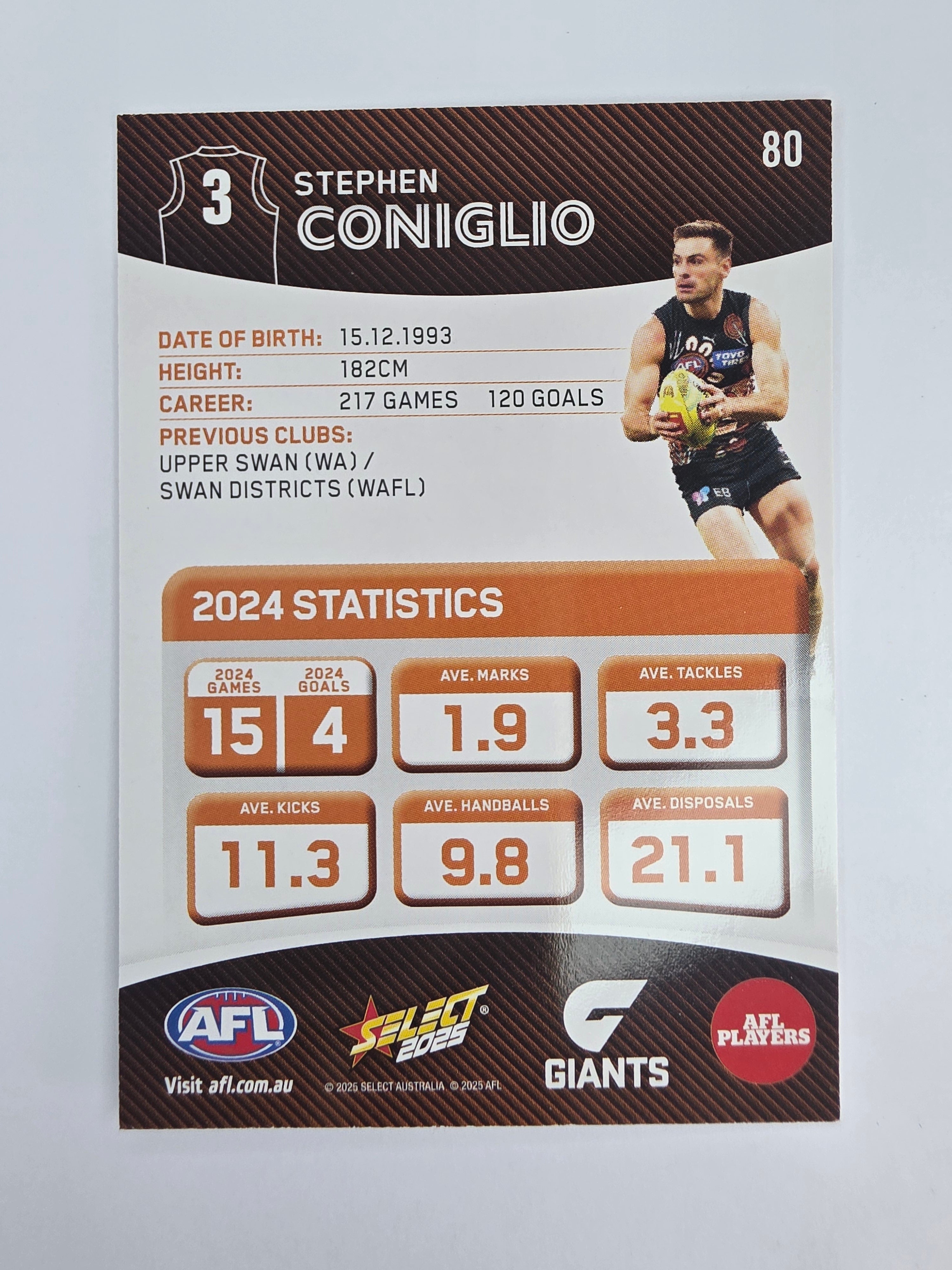 AFL 2025 Footy Stars Base Card #080 Stephen Coniglio GWS Giants