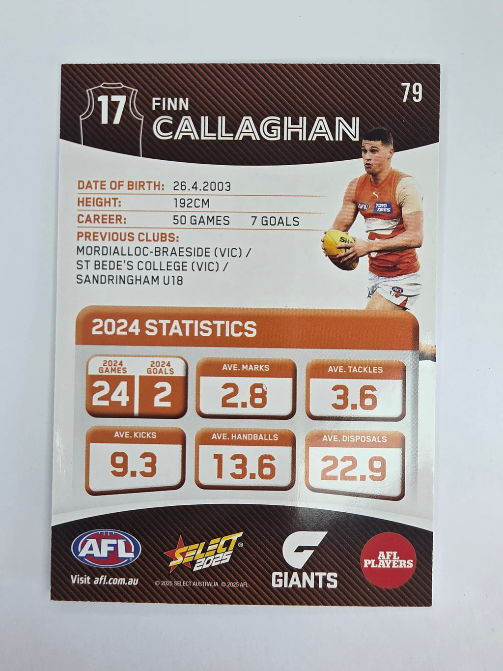 AFL 2025 Footy Stars Base Card #079 Finn Callaghan GWS Giants