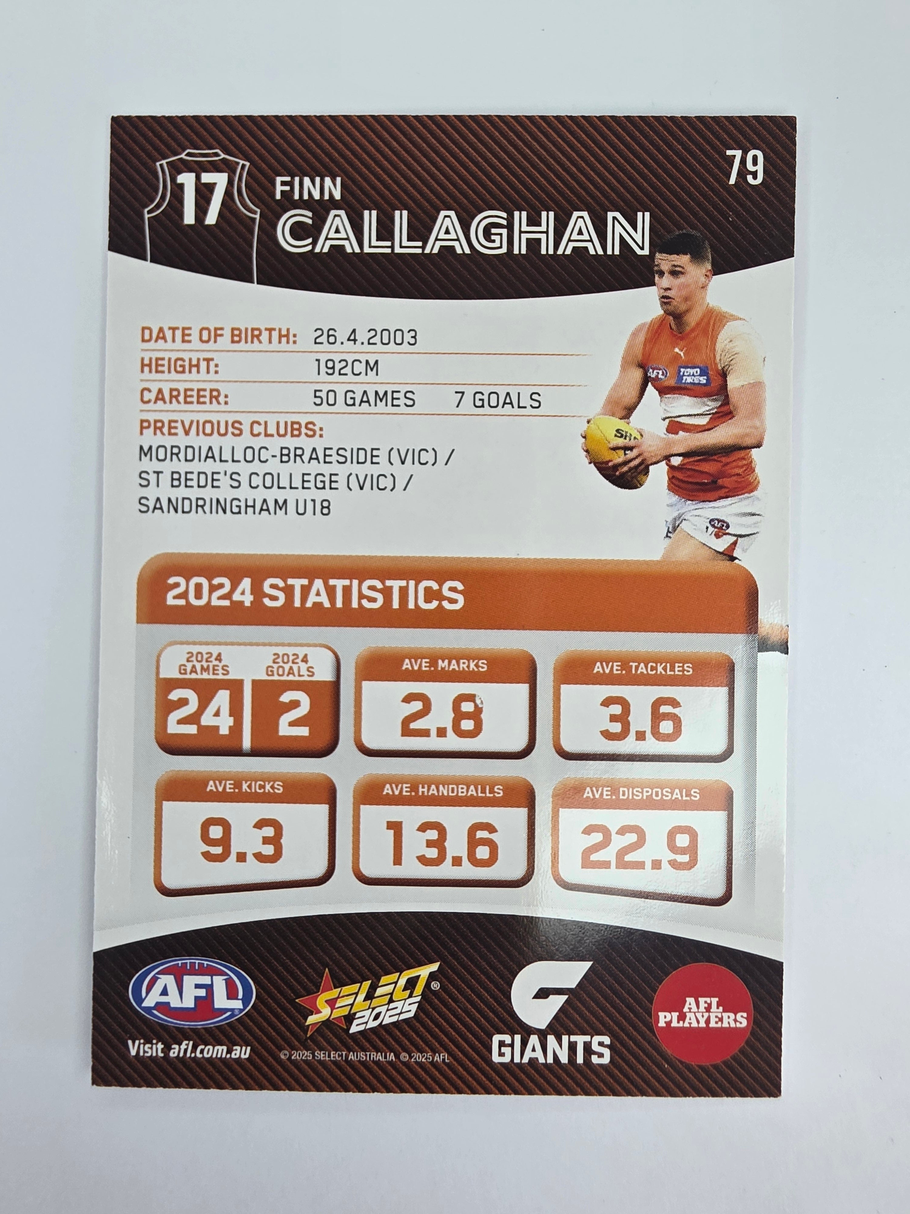 AFL 2025 Footy Stars Base Card #079 Finn Callaghan GWS Giants