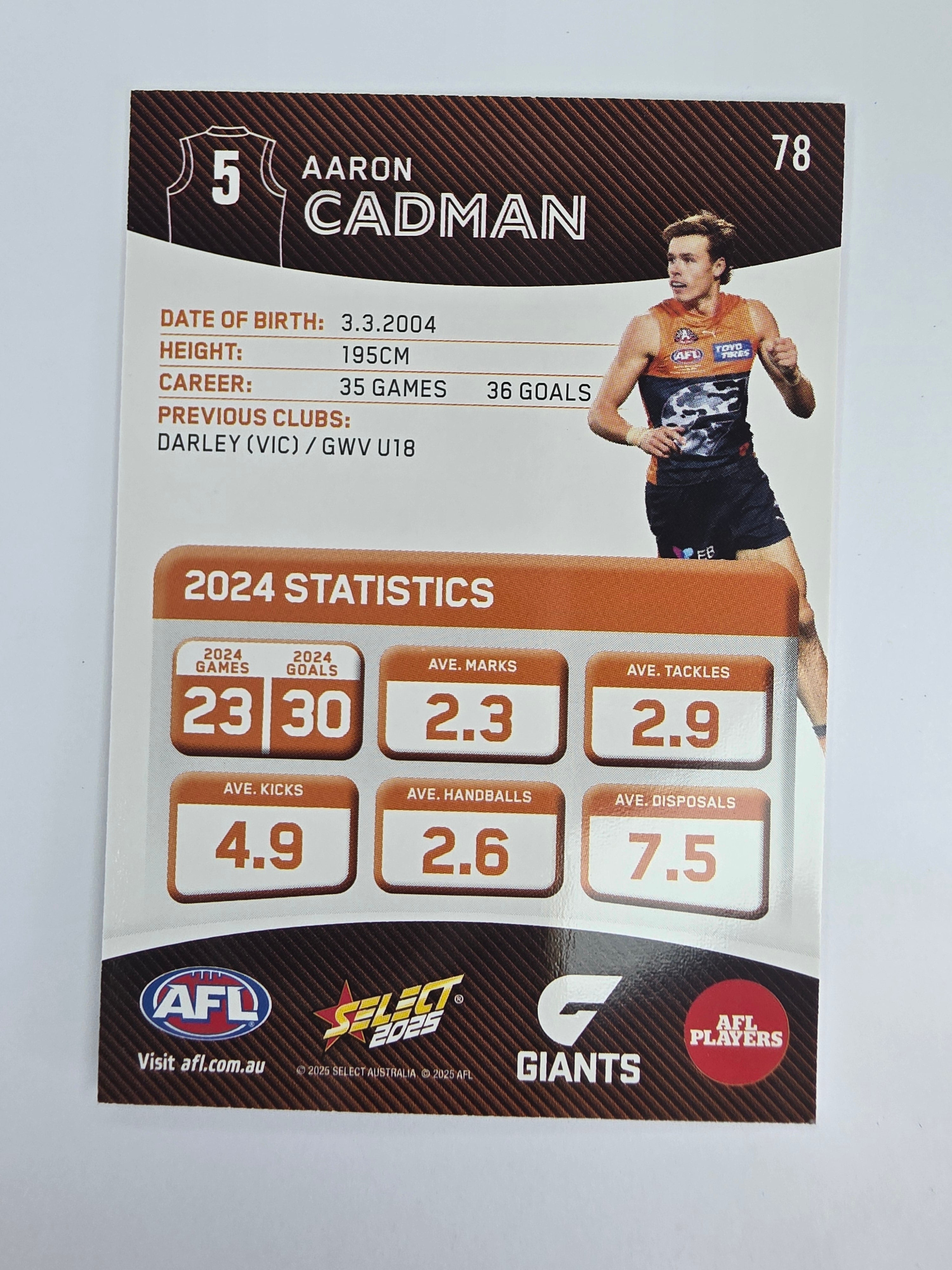 AFL 2025 Footy Stars Base Card #078 Aaron Cadman GWS Giants
