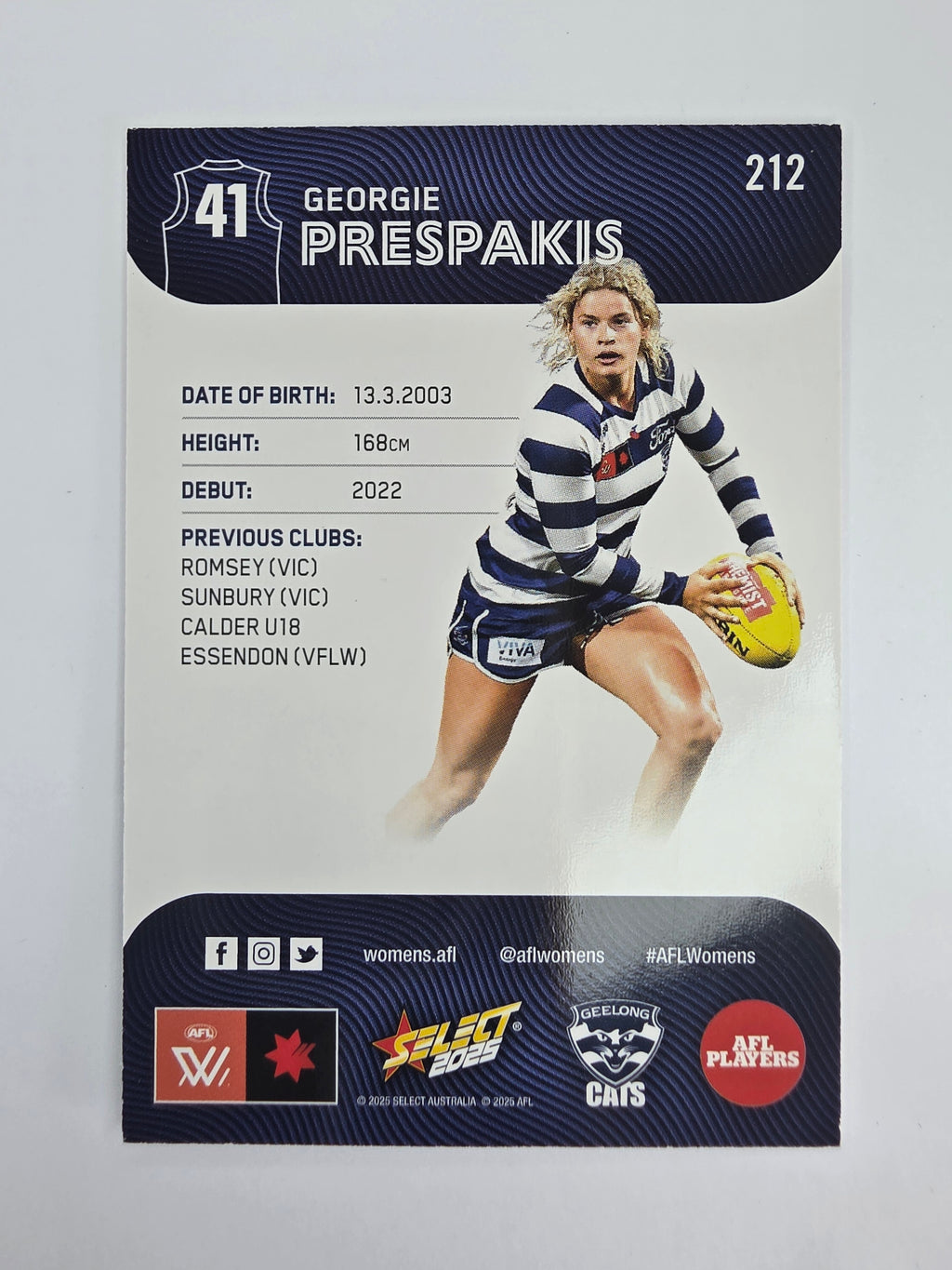 AFL 2025 Footy Stars Base Card #212 Georgie Prespakis Geelong Cats AFLW