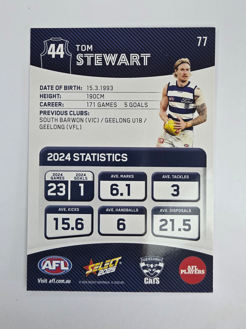 AFL 2025 Footy Stars Base Card #077 Tom Stewart Geelong Cats