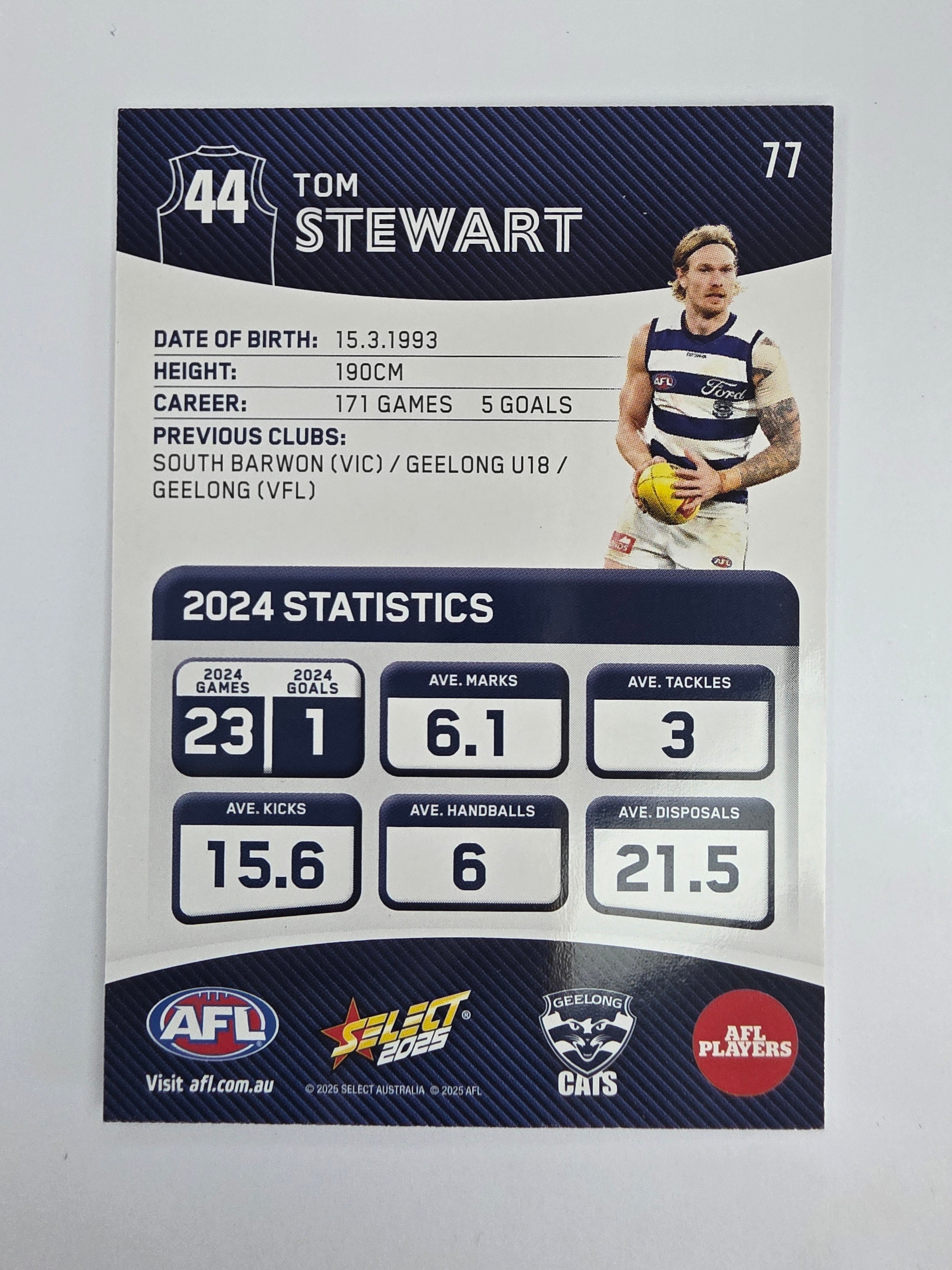 AFL 2025 Footy Stars Base Card #077 Tom Stewart Geelong Cats