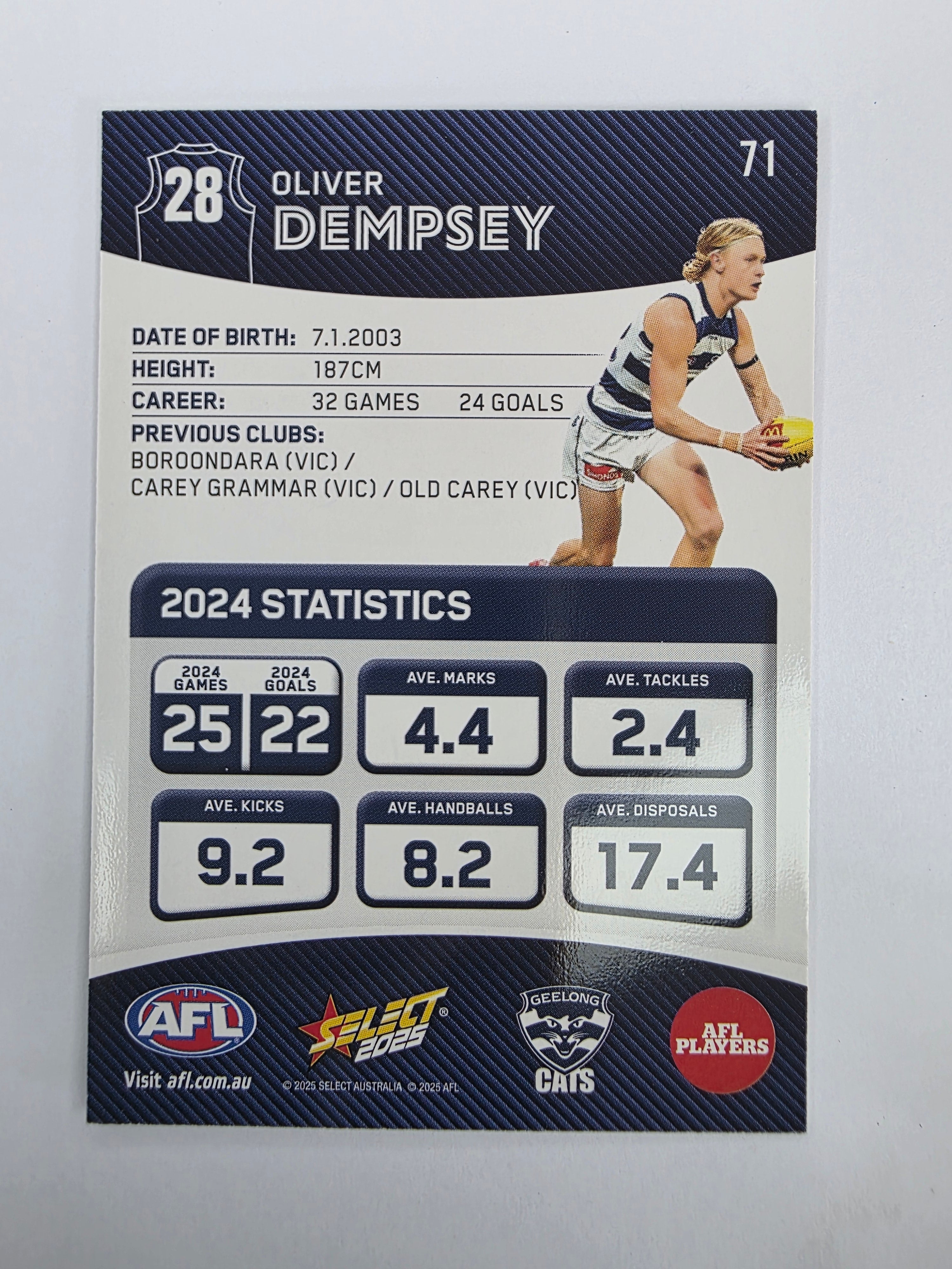 AFL 2025 Footy Stars Base Card #071 Oliver Dempsey Geelong Cats