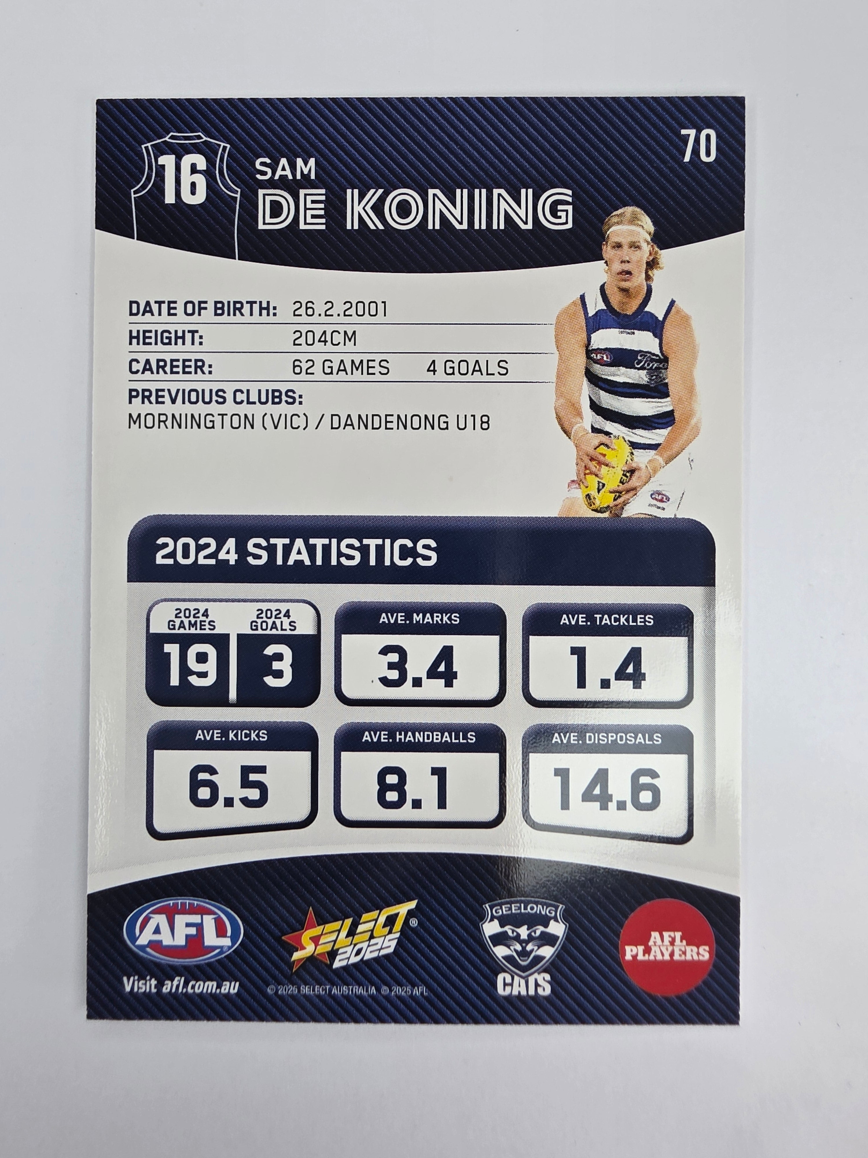 AFL 2025 Footy Stars Base Card #070 Sam De Koning Geelong Cats
