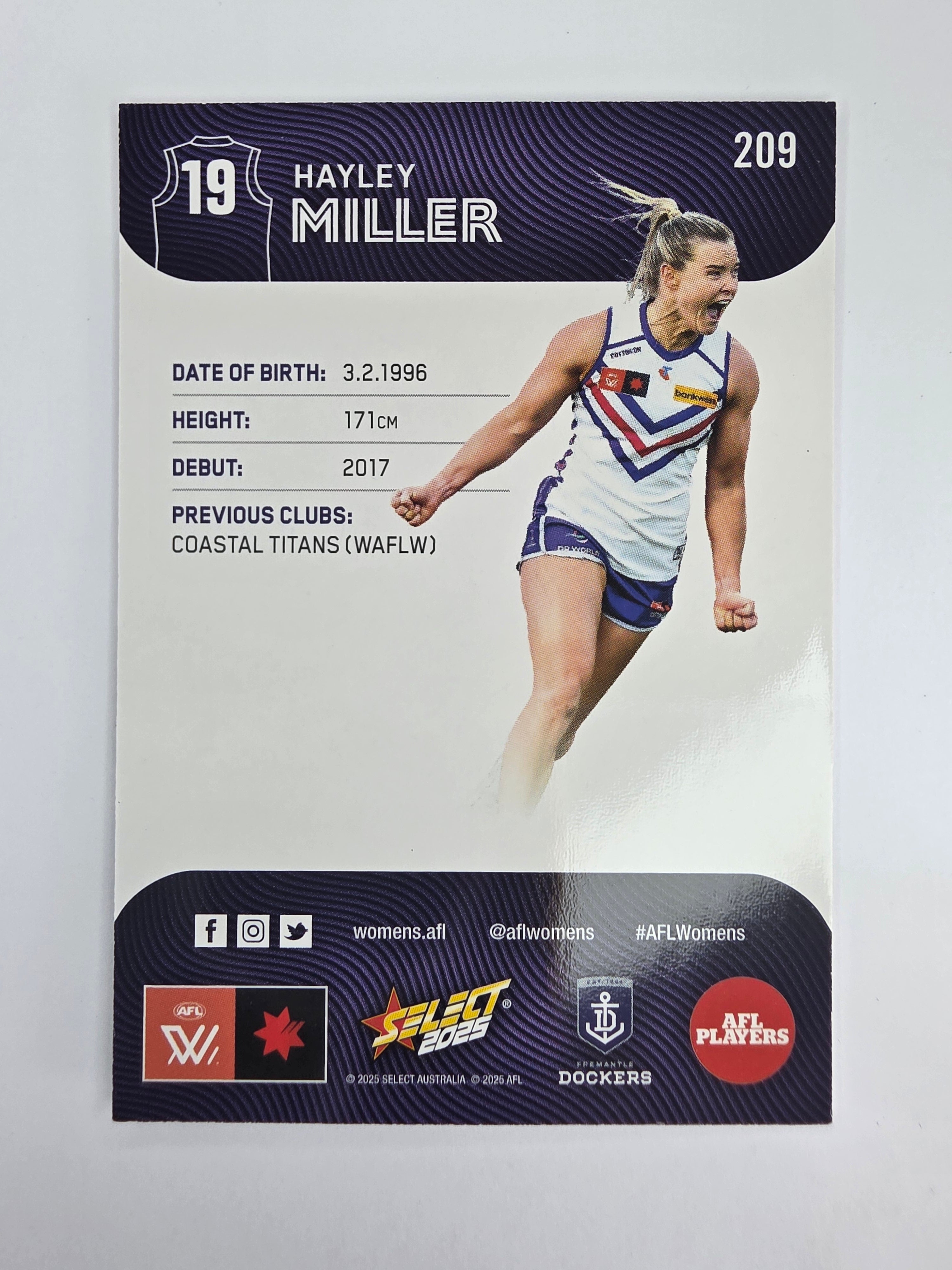 AFL 2025 Footy Stars Base Card #209 Hayley Miller Fremantle Dockers AFLW