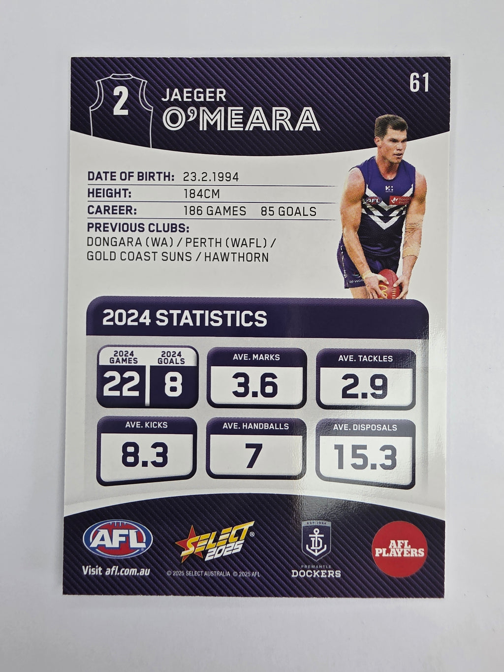 AFL 2025 Footy Stars Base Card #061 Jaeger O'Meara Fremantle Dockers