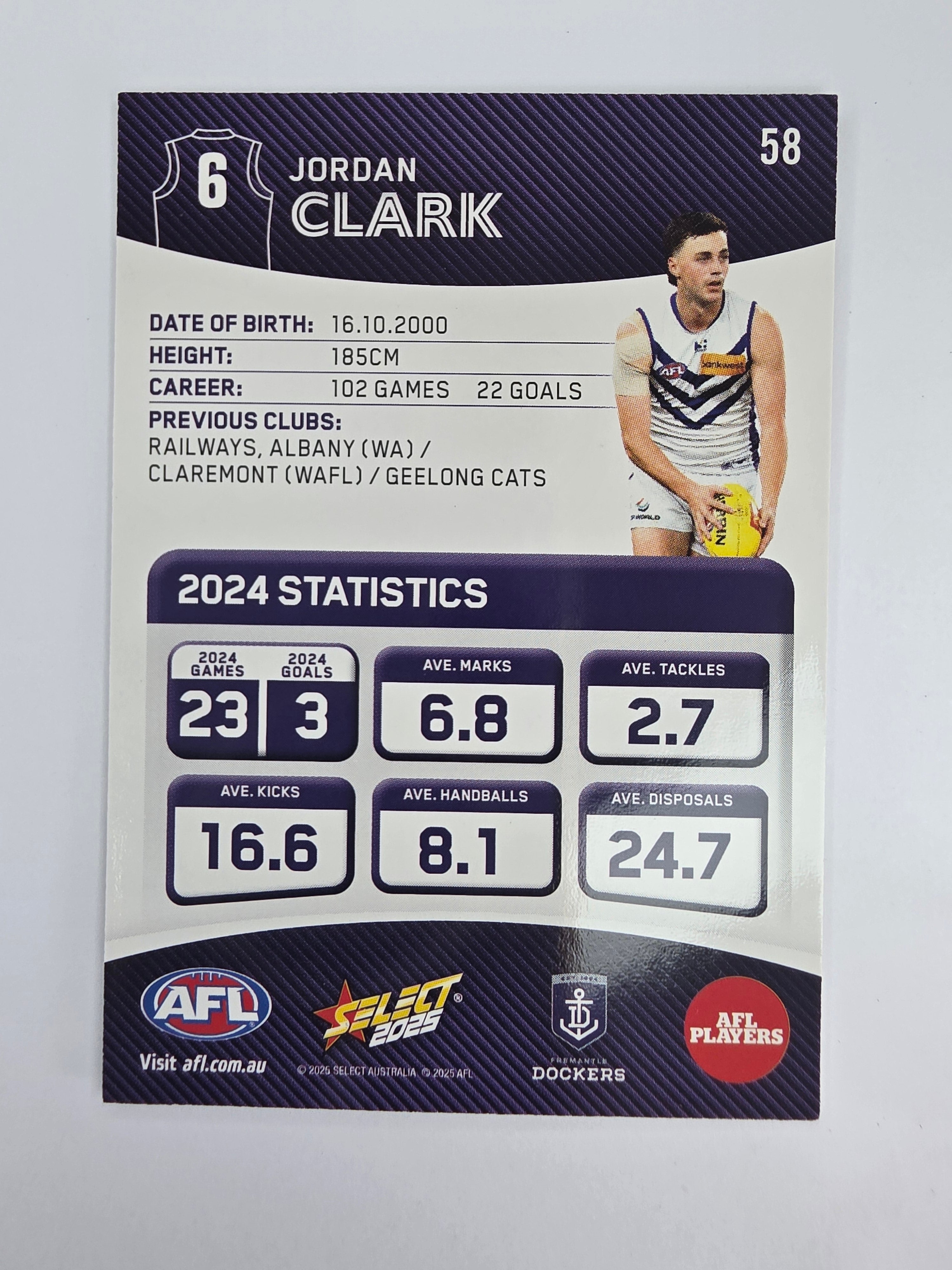 AFL 2025 Footy Stars Base Card #058 Jordan Clark Fremantle Dockers