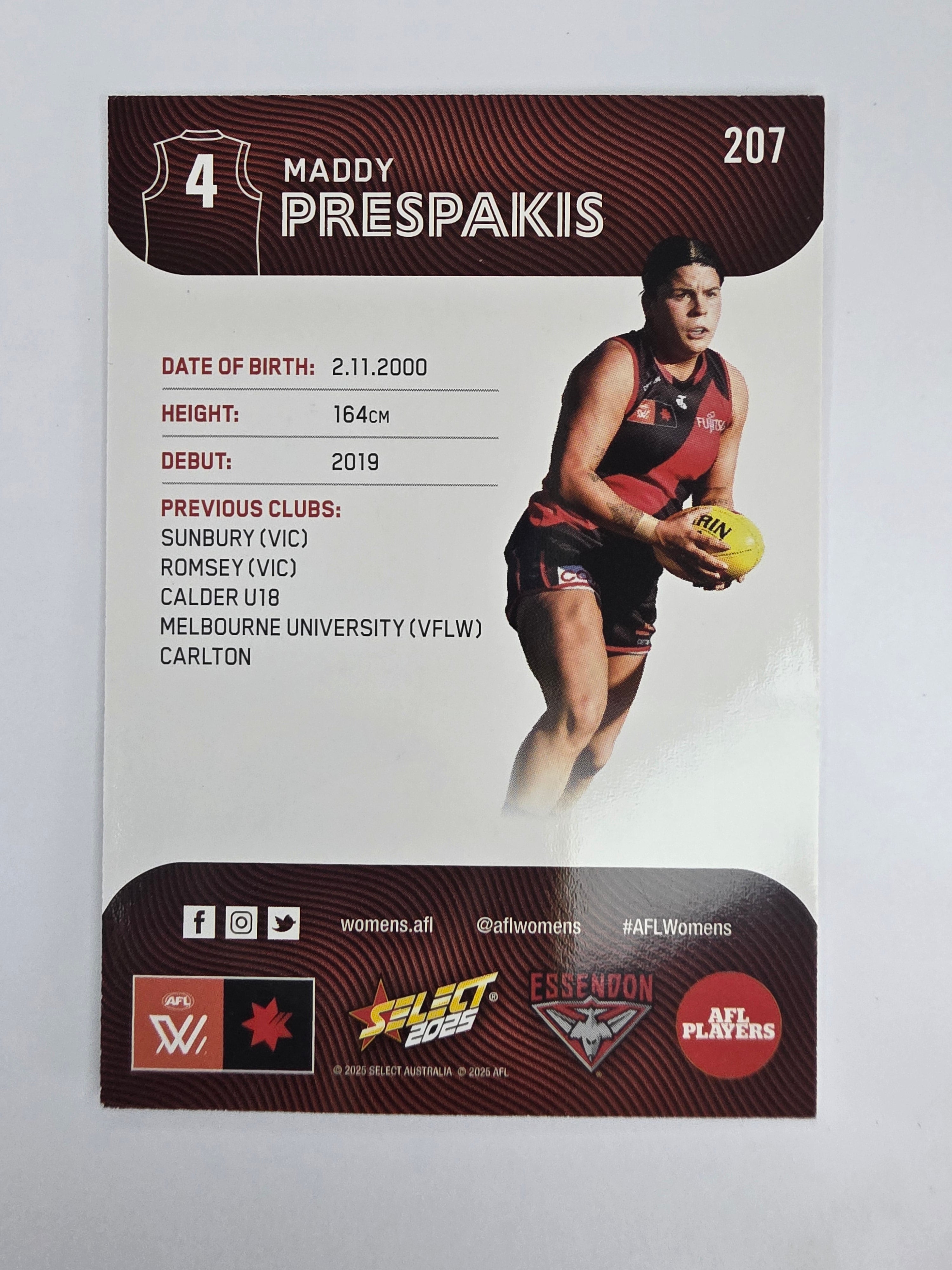AFL 2025 Footy Stars Base Card #207 Madison Prespakis Essendon Bombers AFLW