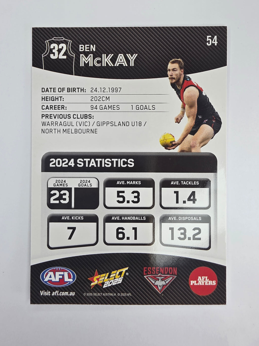 AFL 2025 Footy Stars Base Card #054 Ben McKay Essendon