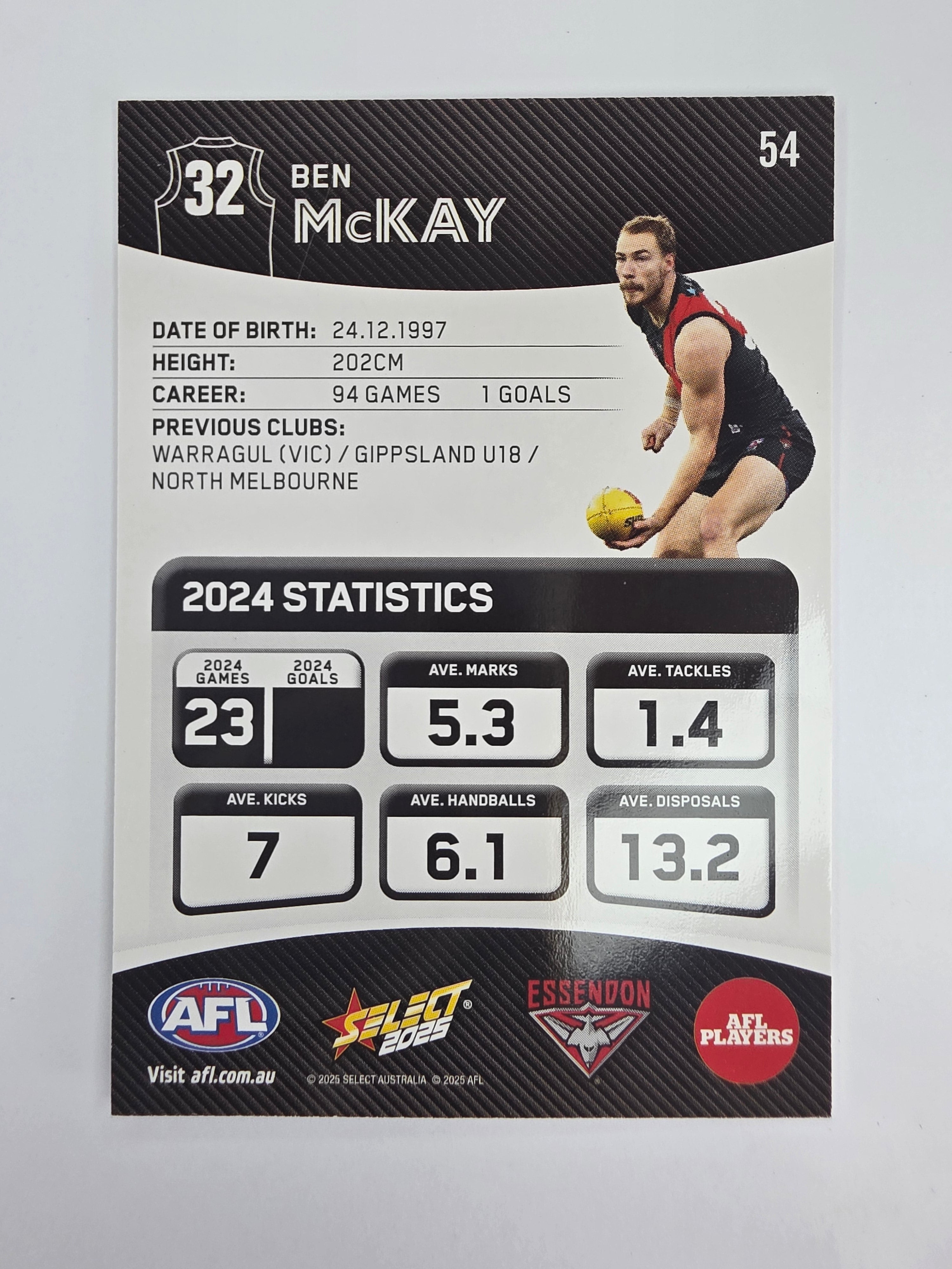 AFL 2025 Footy Stars Base Card #054 Ben McKay Essendon