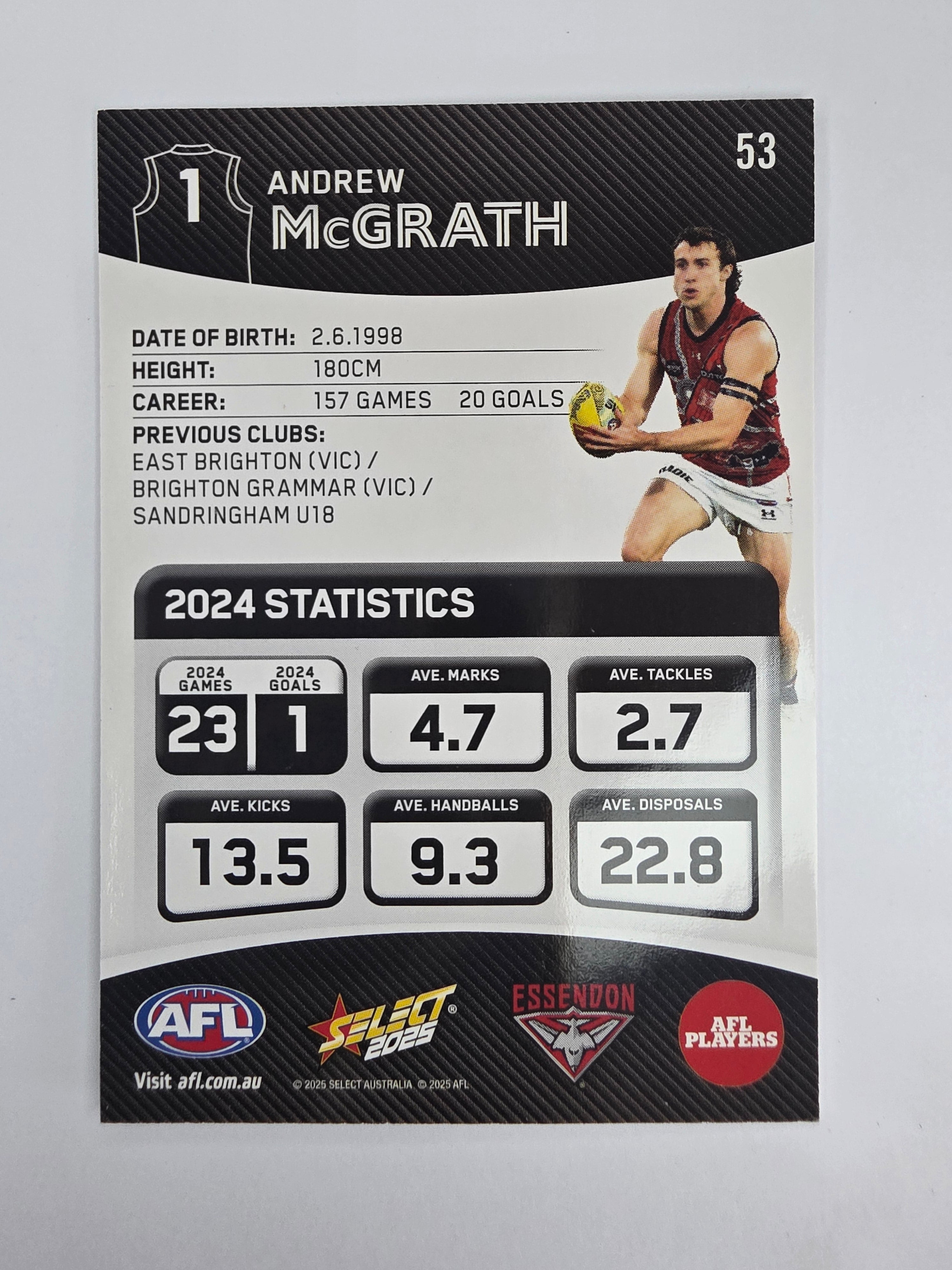 AFL 2025 Footy Stars Base Card #053 Andrew McGrath Essendon
