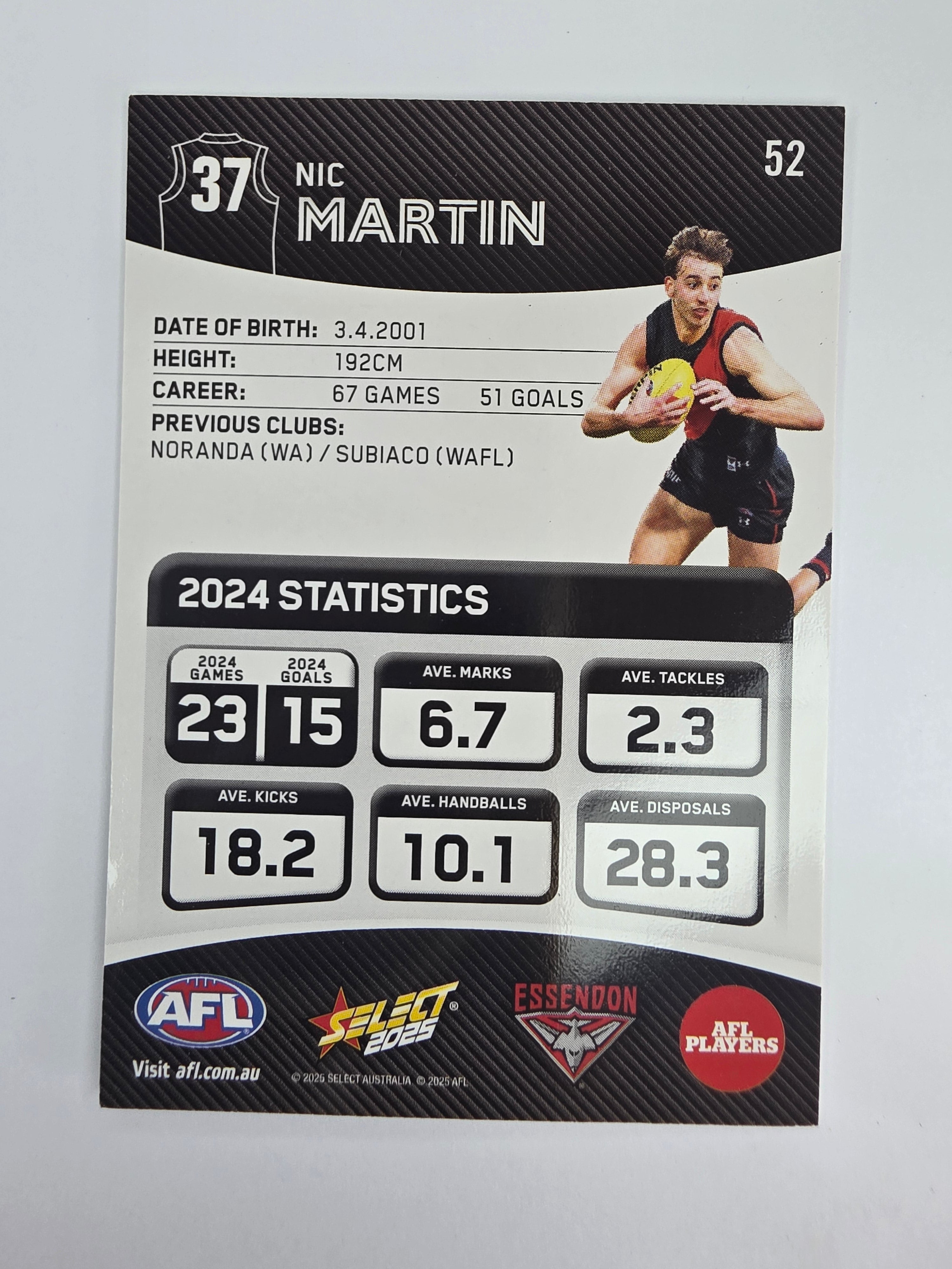AFL 2025 Footy Stars Base Card #052 Nic Martin Essendon