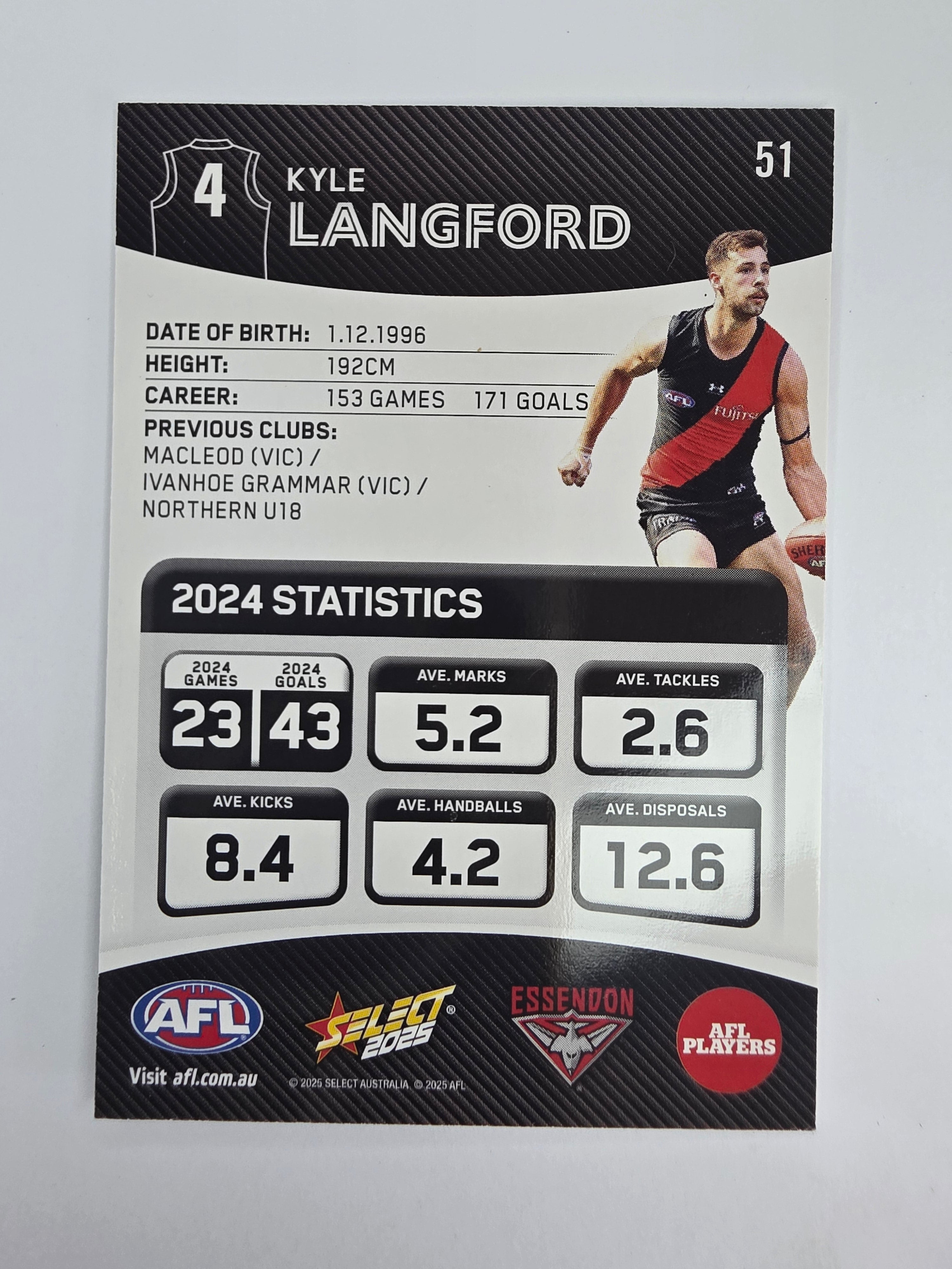 AFL 2025 Footy Stars Base Card #051 Kyle Langford Essendon